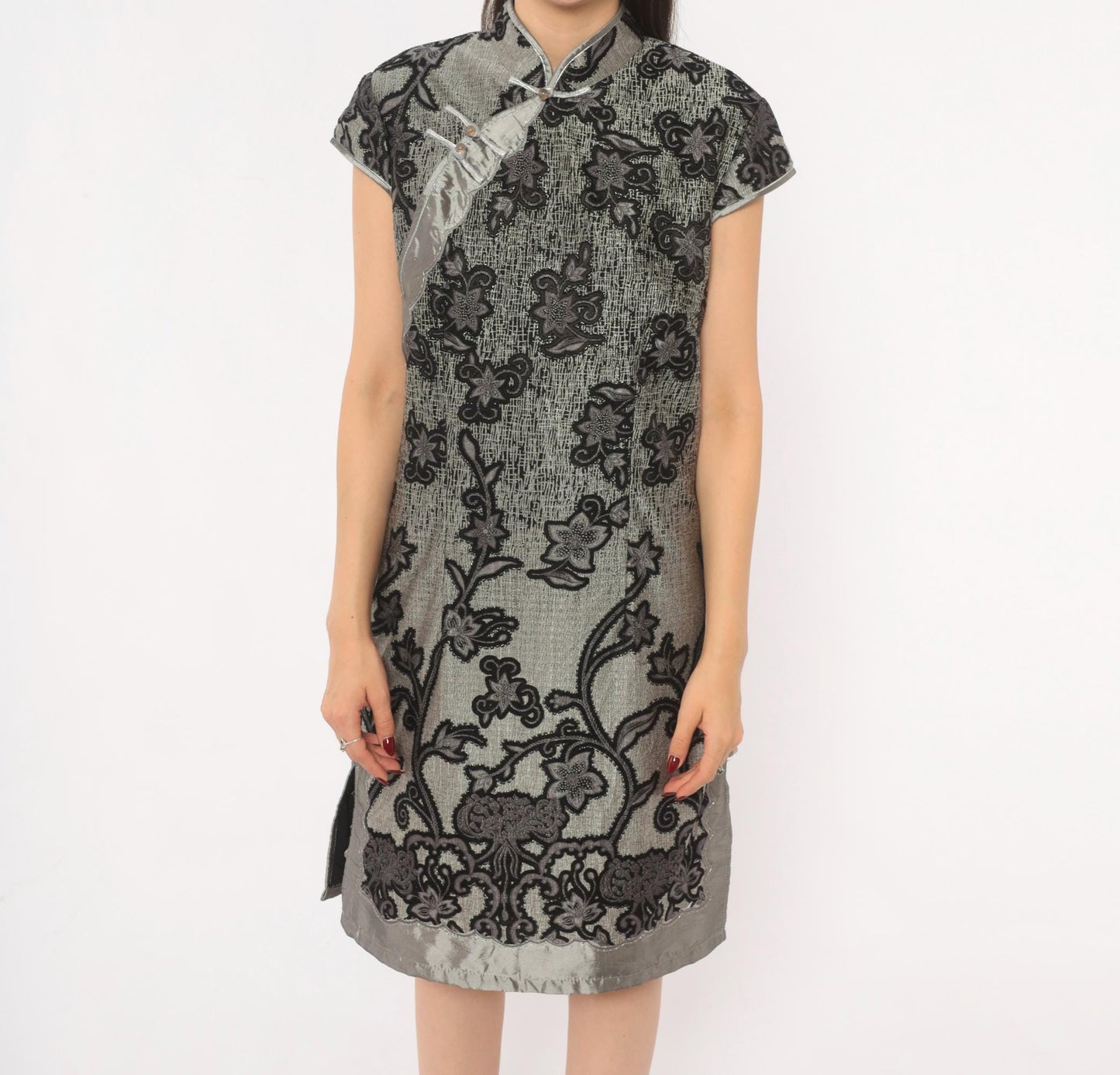 90s Grey Cheongsam Dress Black Floral Embroidered Qipao Mandarin Collar Medium M