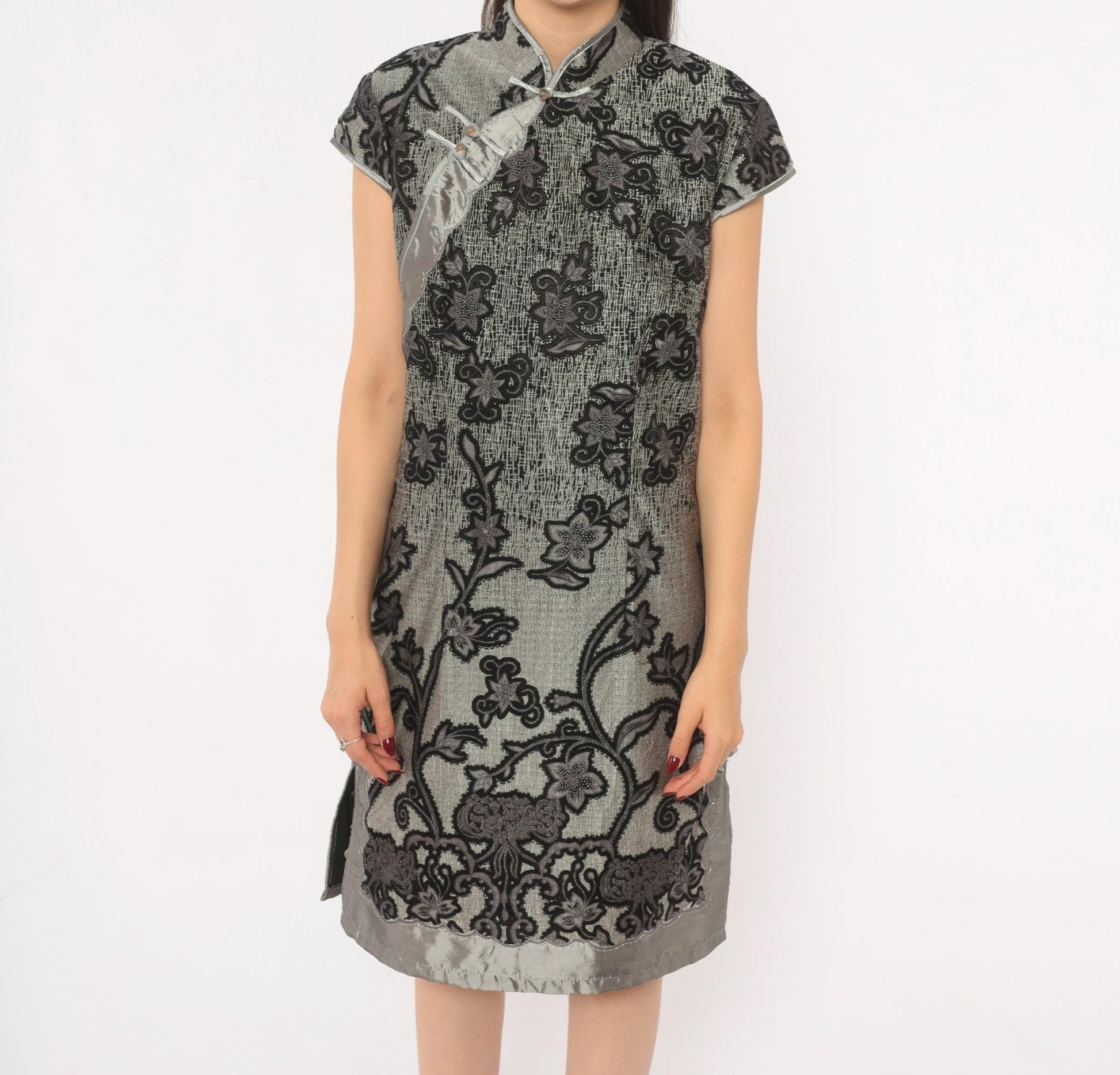 90s Grey Cheongsam Dress Black Floral Embroidered Qipao Mandarin Collar Medium M