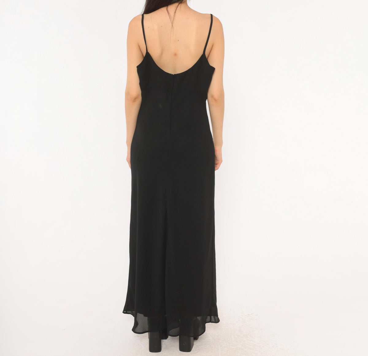 Gunne Sax Black Lace Maxi Slip Dress 90s Spaghetti Strap Low Back Large L