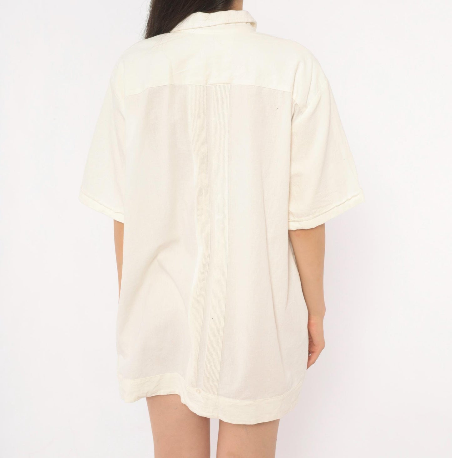 90s Cream Cotton Camp Shirt Pintuck Lace Panel Ivory Mens Large L