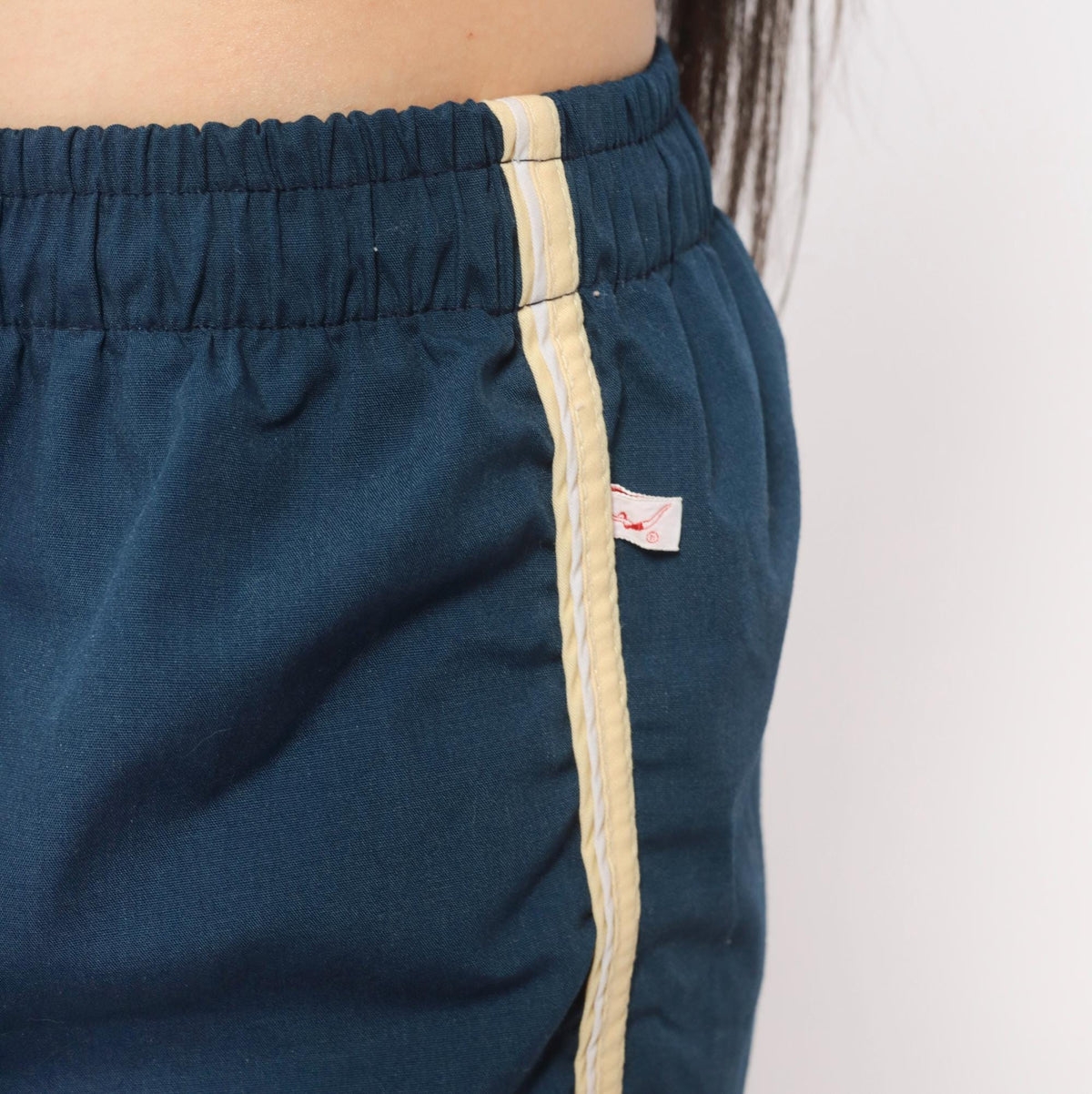 80s Jantzen Navy Running Shorts Cream Piping Dolphin Hem Cotton Medium