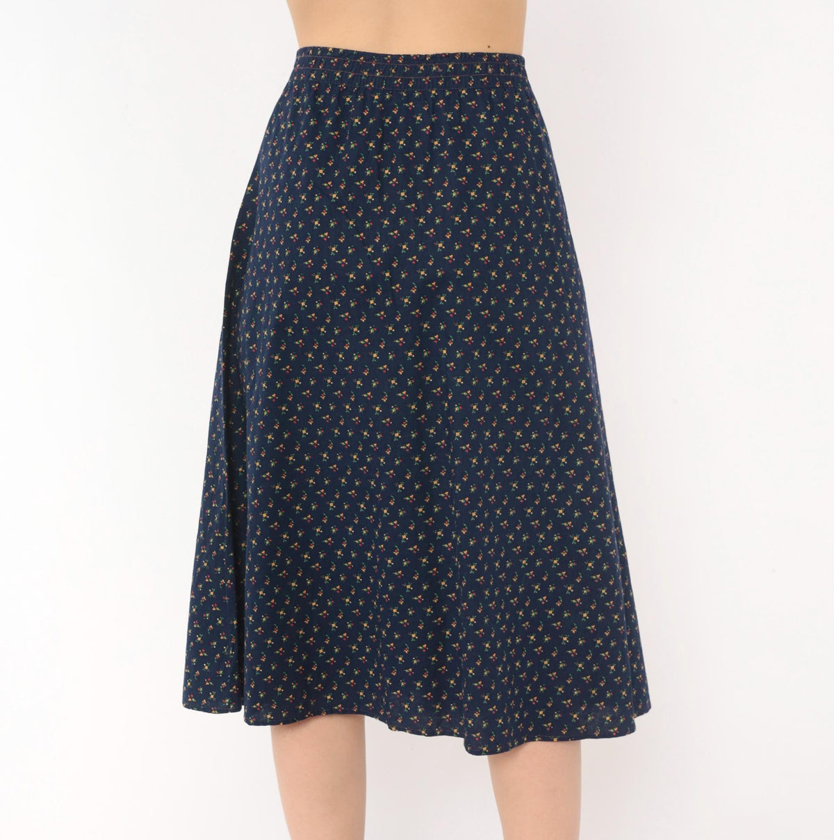 70s Faa 1st American Apparel Floral A-Line Skirt Navy Cotton Knee Length Large