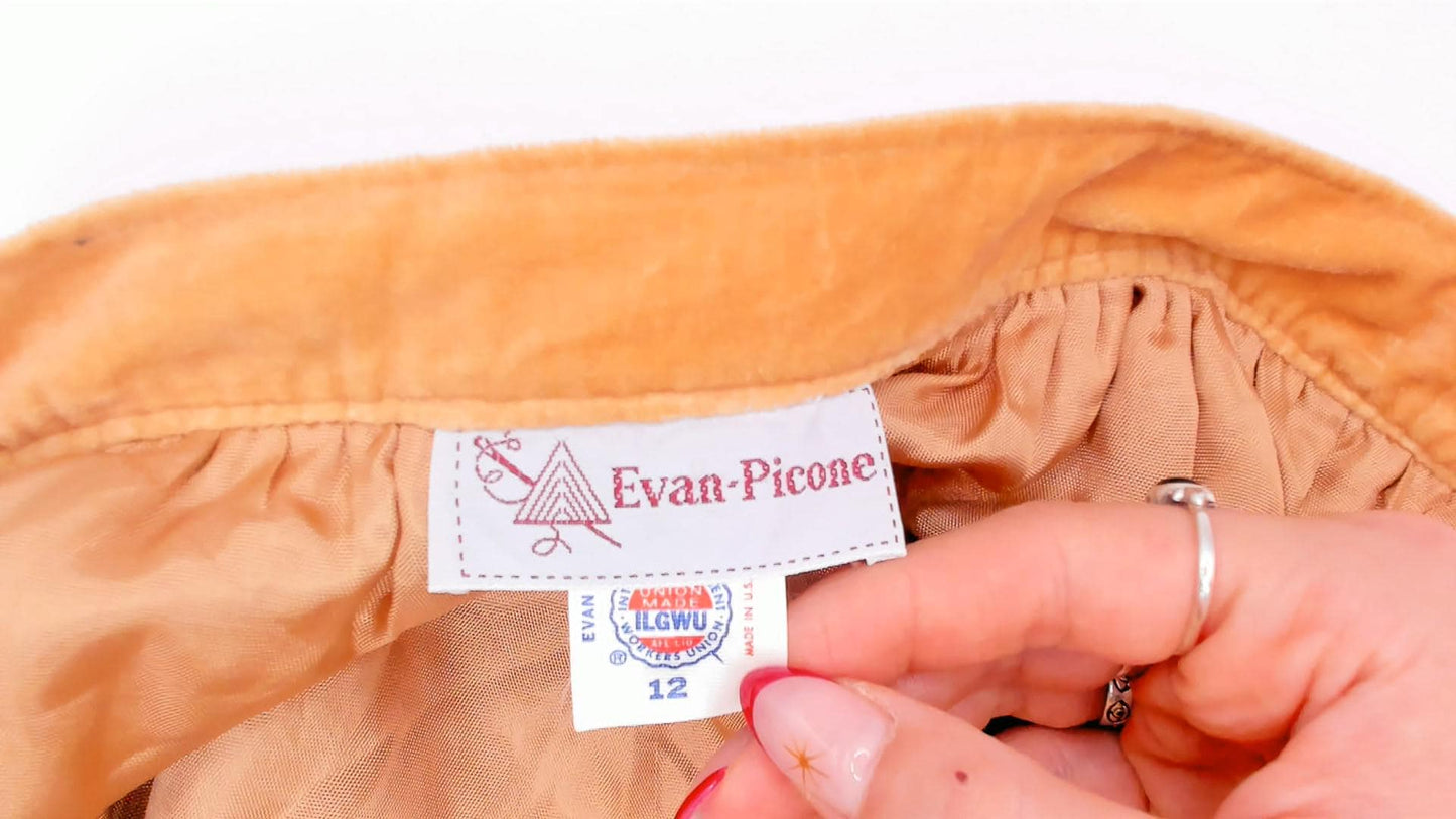 80s Evan Picone Velvet Midi Skirt Camel A-Line Button Pockets Medium M