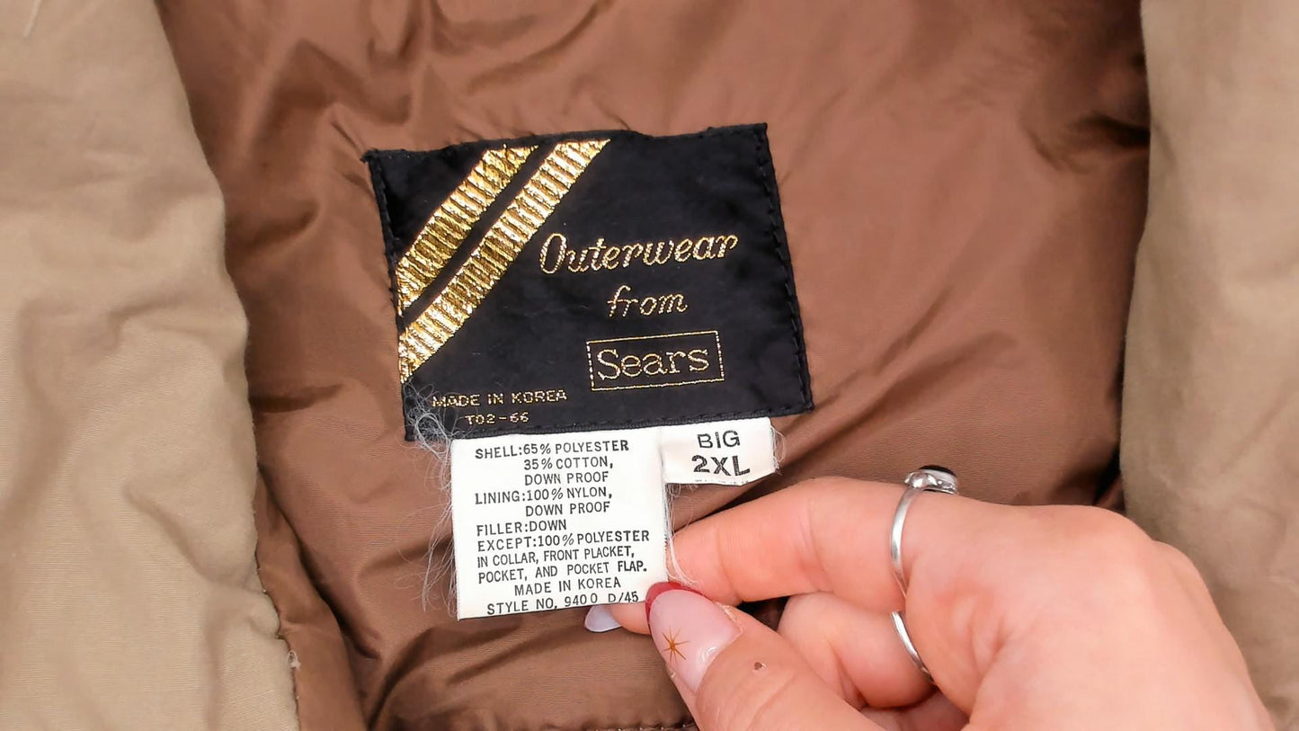 80s Tan Puffer Vest Sears Snap Front Quilted Down Gilet Plus Size XXL