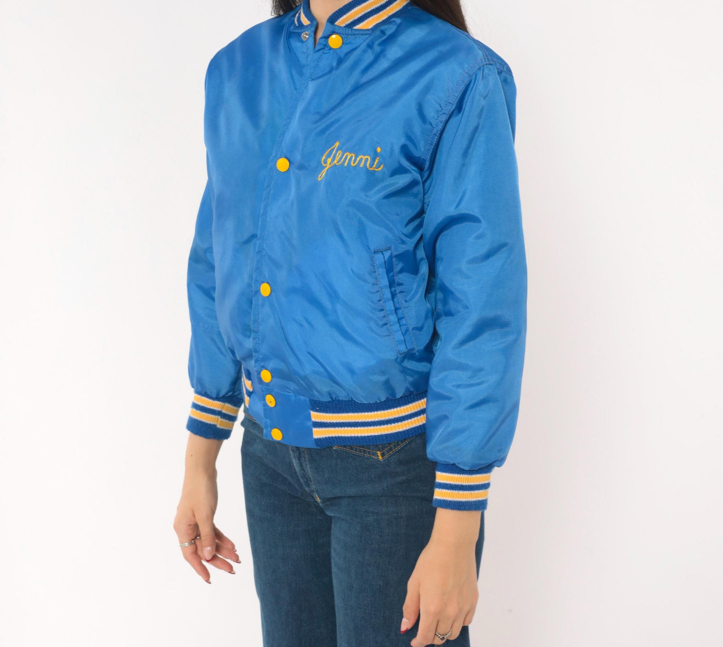 80s West Wind Royal Blue Satin Bomber Jacket Hastings Embroidered Gold Lined XS