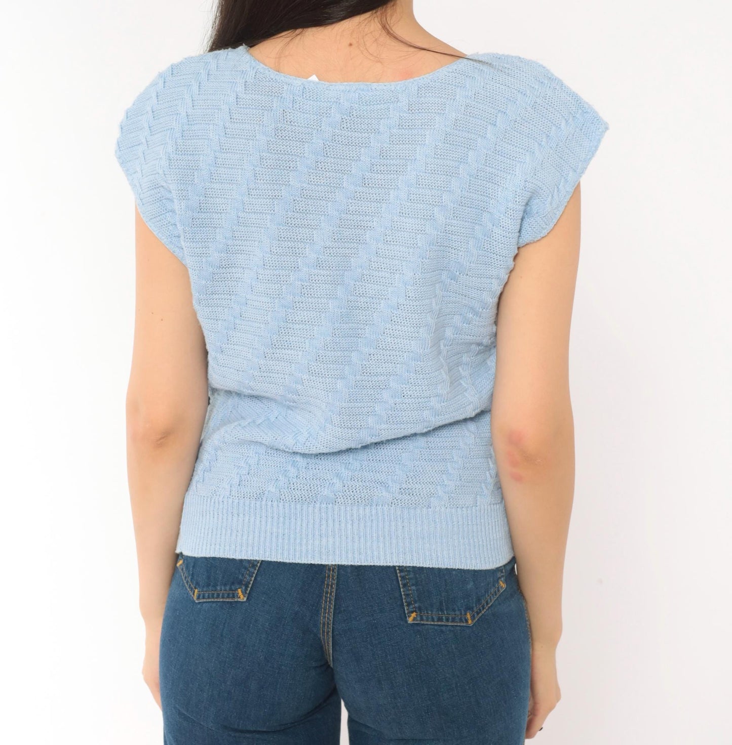 80s King Basketweave Knit Top Cap Sleeve Powder Blue Small Medium