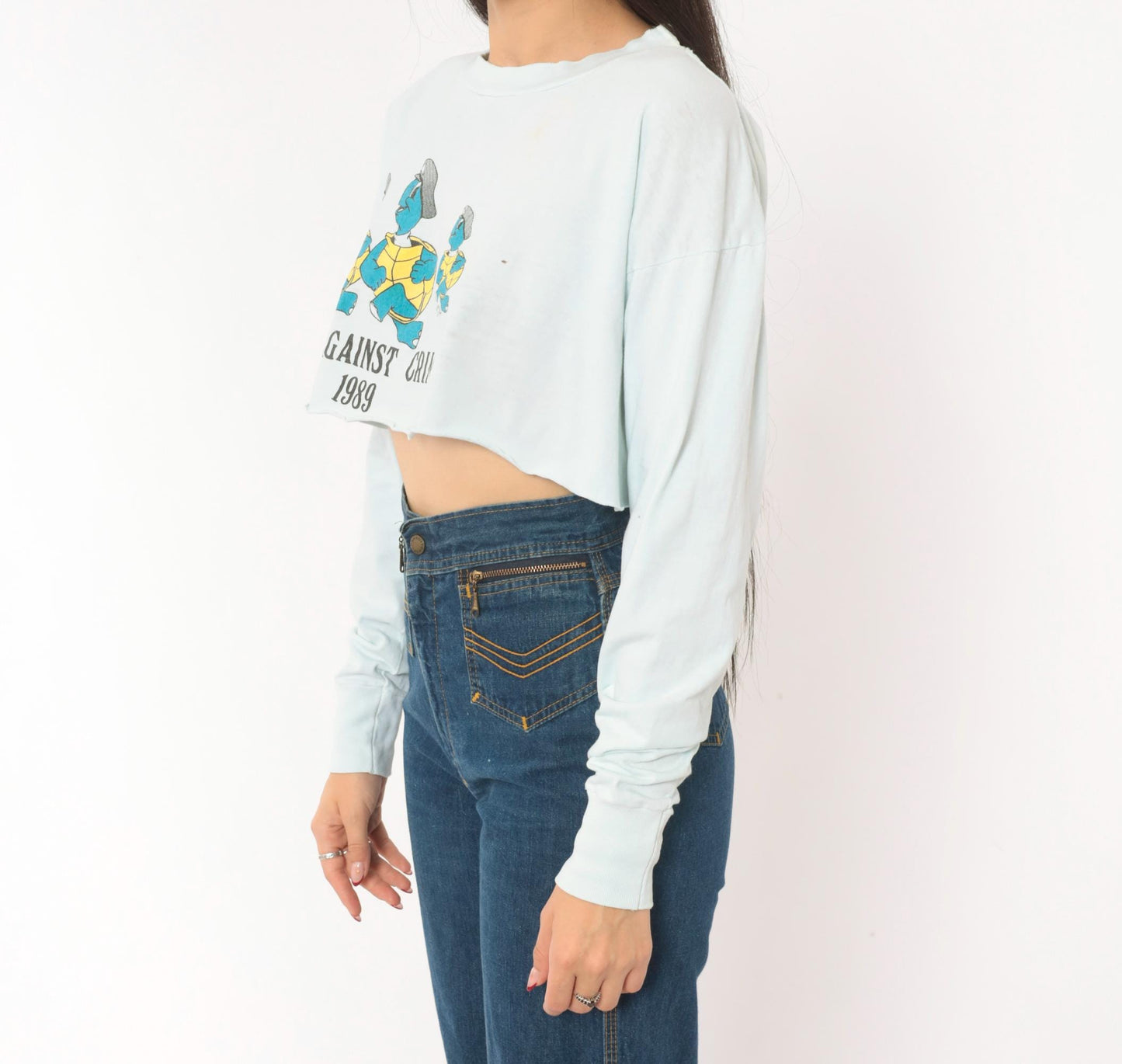 80s Run Against Crime 1989 Cartoon Turtle Police Crop Top Baby Blue Medium