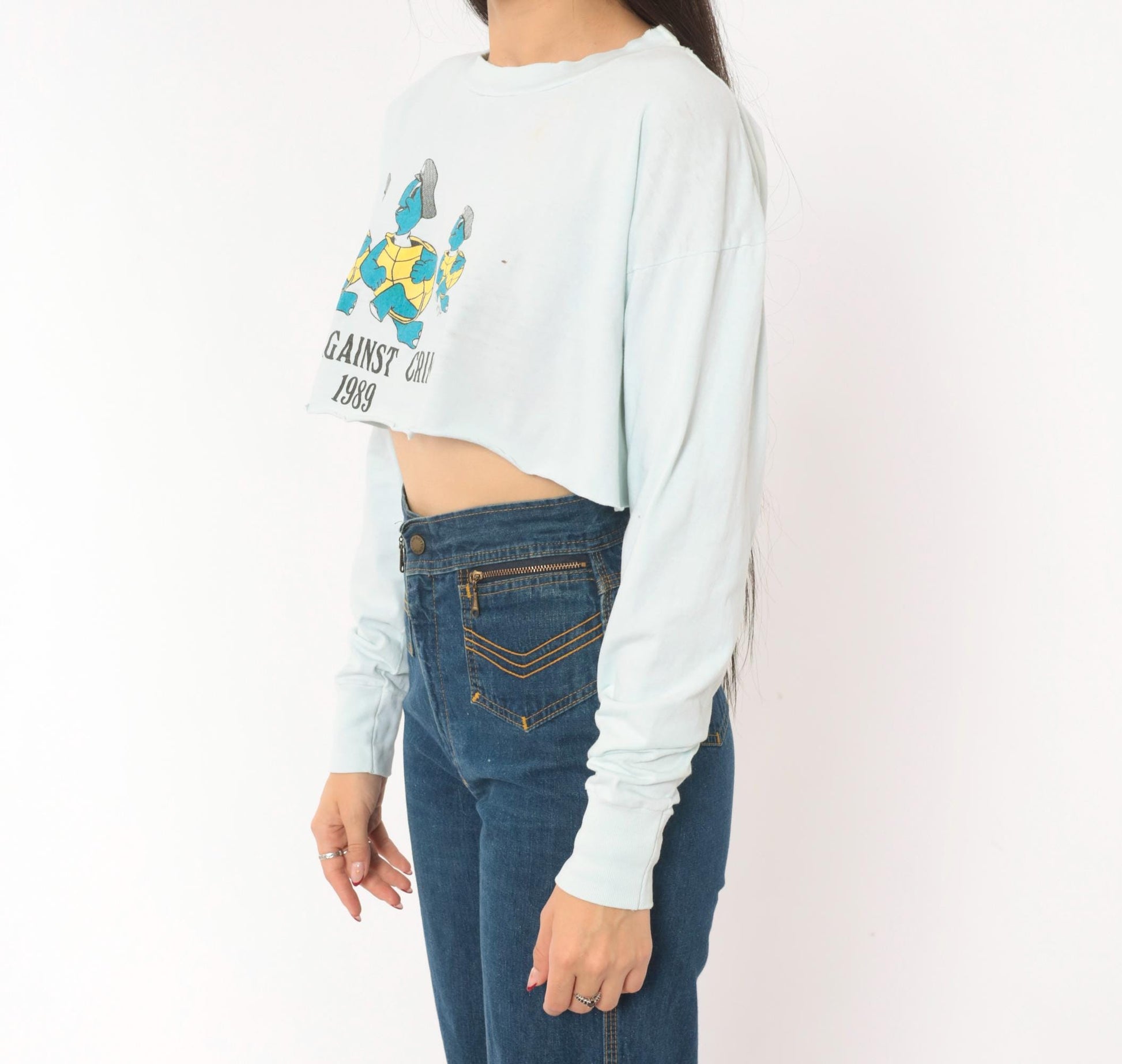 80s Run Against Crime 1989 Cartoon Turtle Police Crop Top Baby Blue Medium