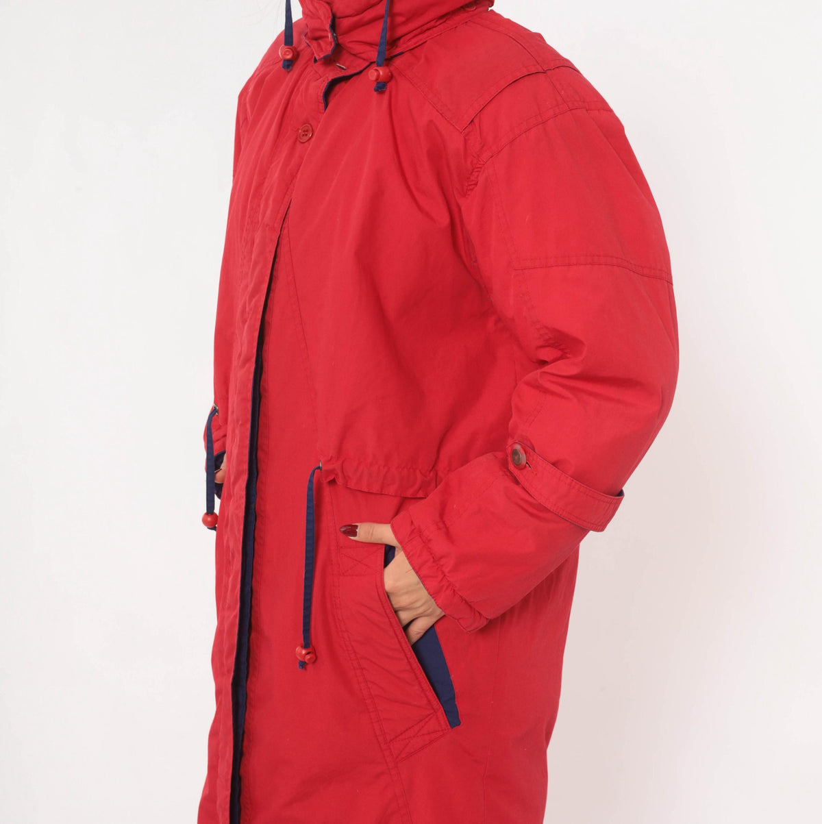 80s Red Duck Down Parka Long Hooded Coat Navy Trim Small S