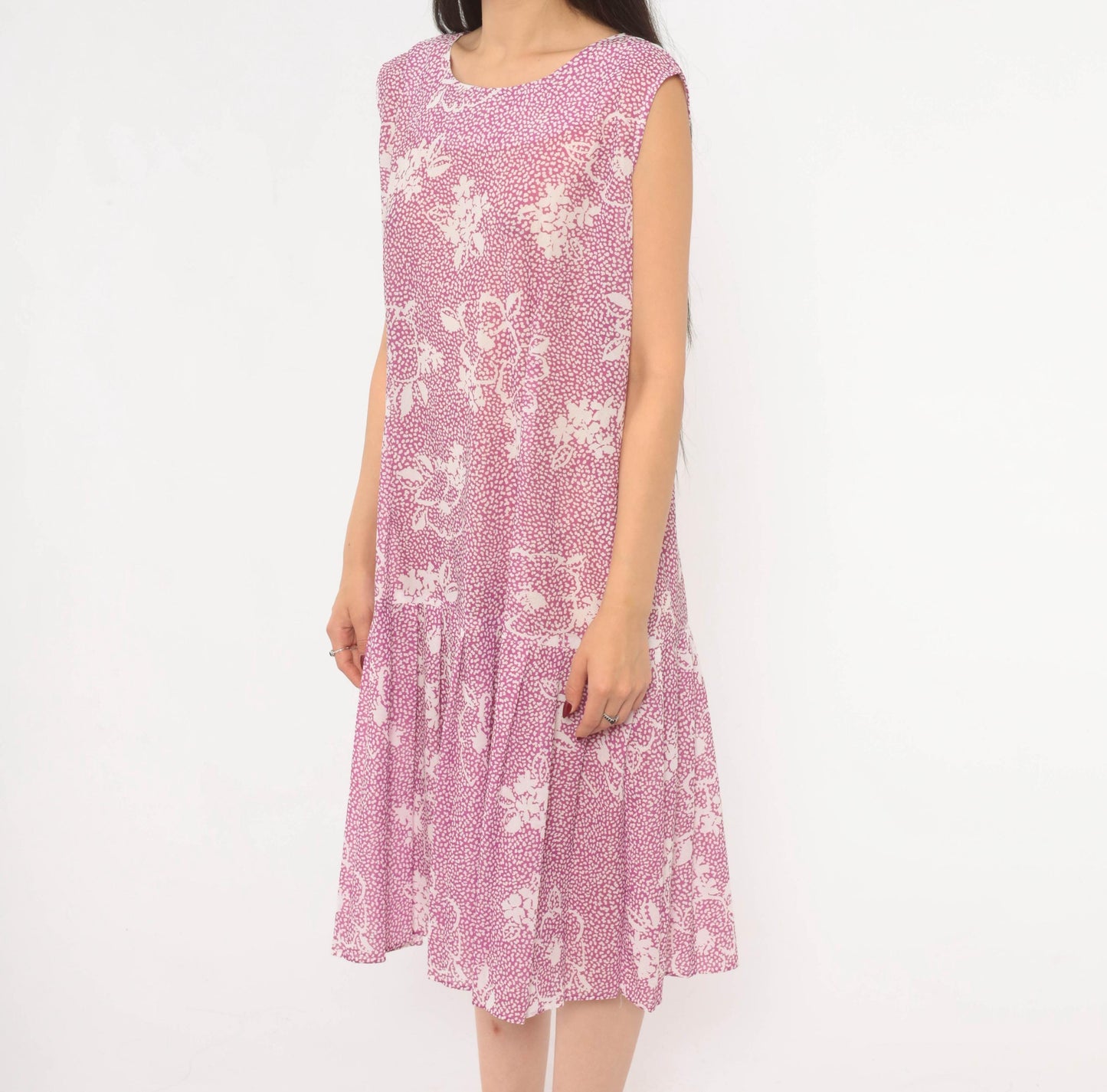 80s California Looks Floral Drop Waist Dress Purple White Knee Length XL