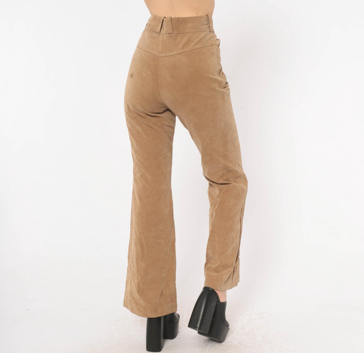 80s Lew Magram Faux Suede Flare Pants Tan High Waist Bell Bottom Small S