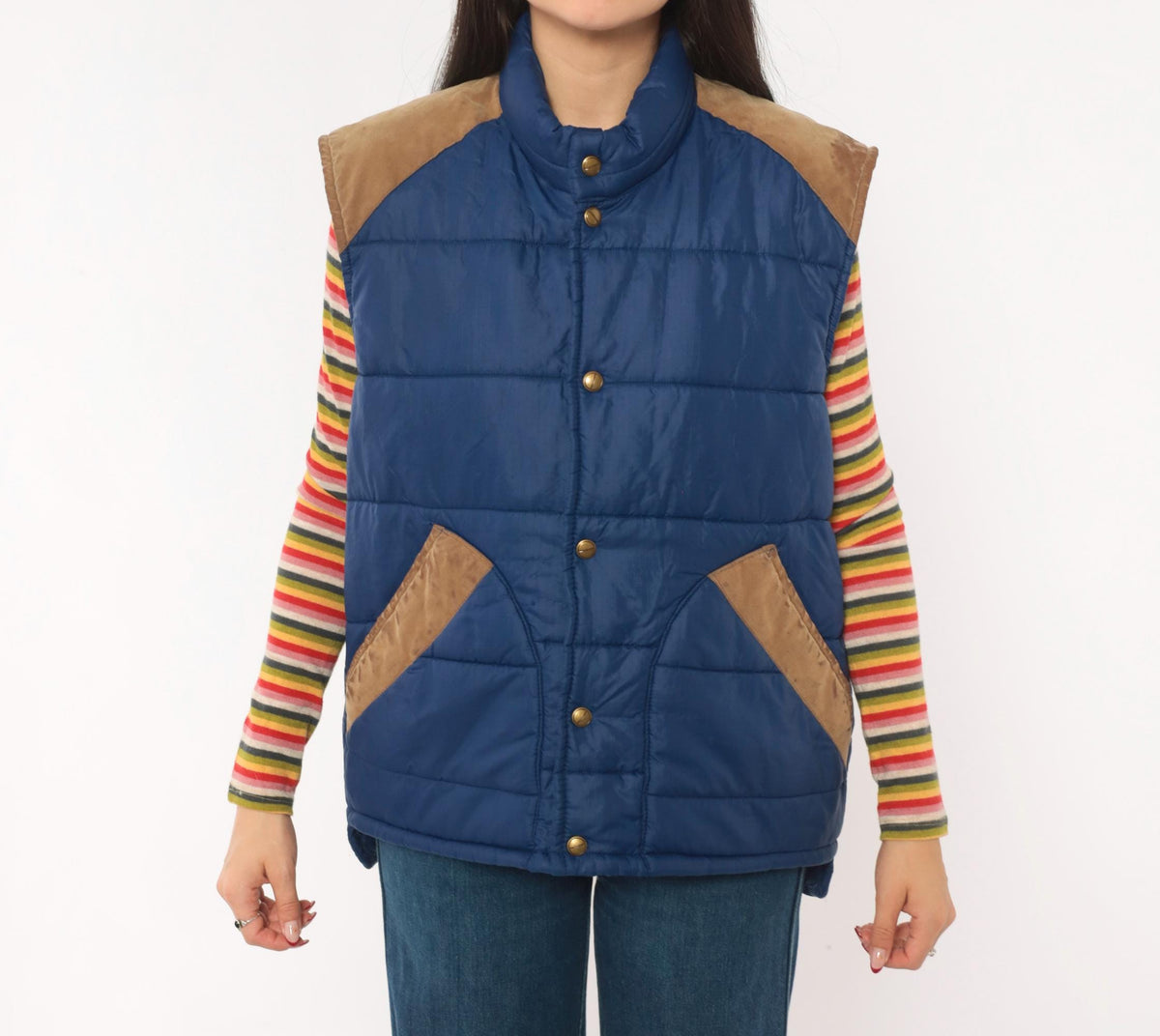80s Navy Puffer Vest Quilted Suede Trim Snap Front Stand Collar Medium M