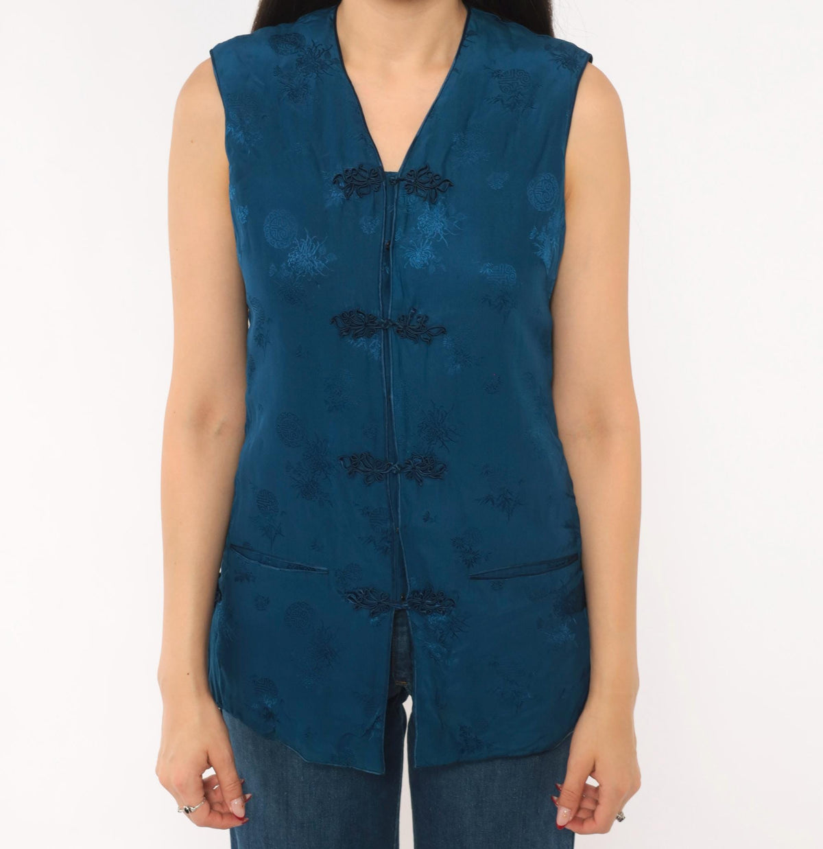 80s Teal Silk Cheongsam Vest Mandarin Frog Closure Floral Small