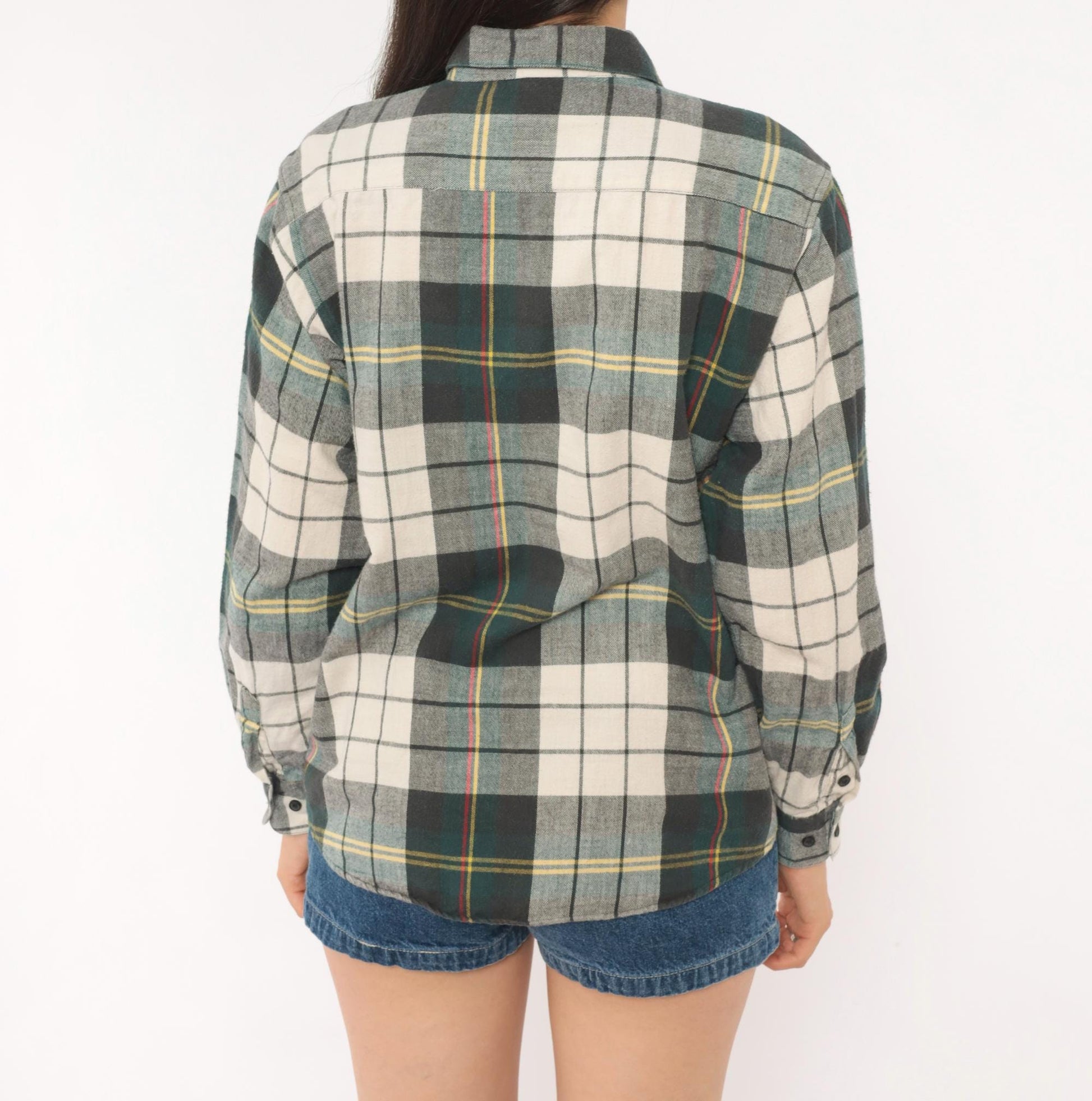 90s Diane Von Furstenberg Plaid Flannel Shirt Grey Green Cream Tartan Blouse