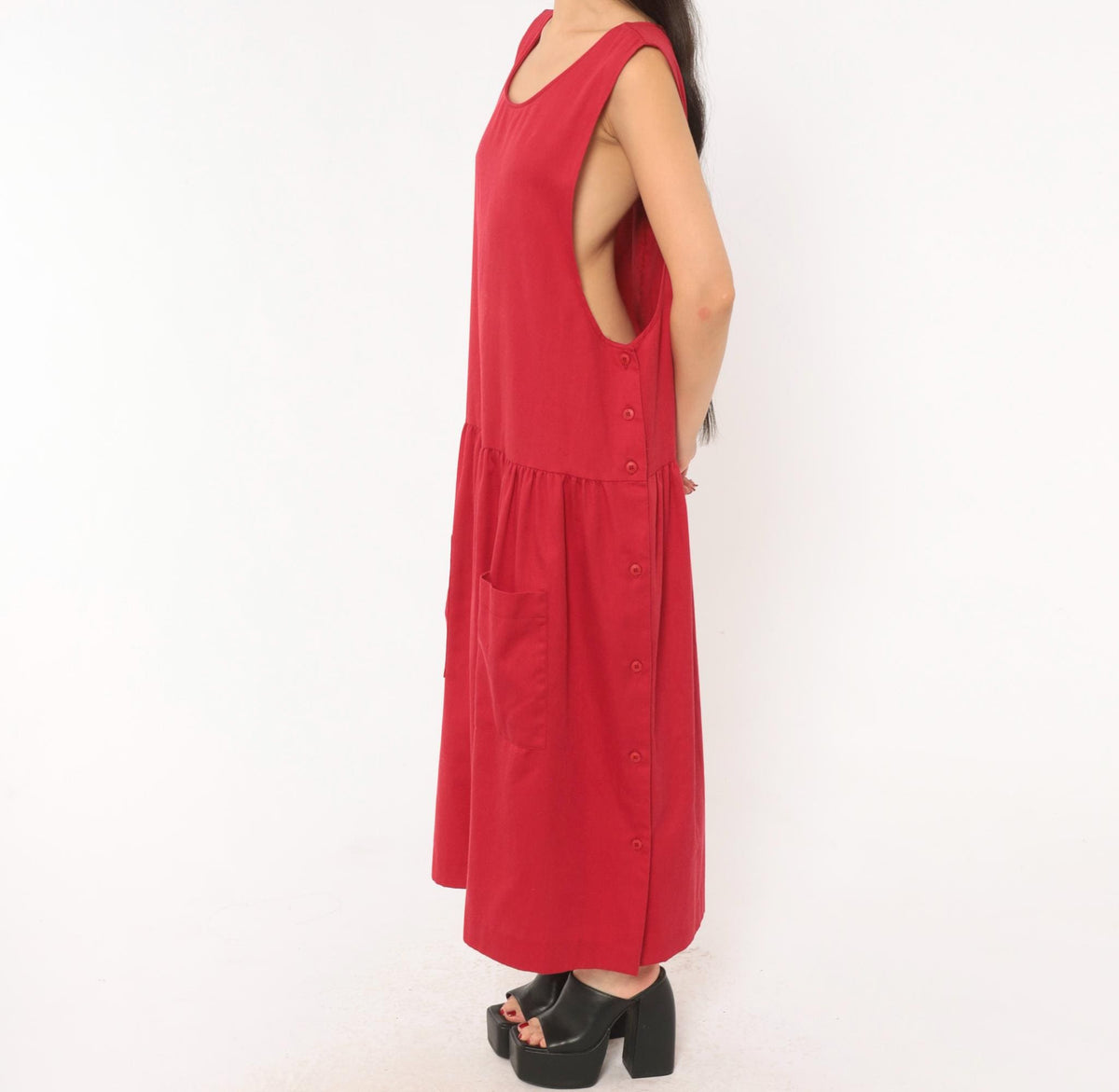90s Carmel Crimson Red Maxi Dress Drop Waist Sleeveless Scoop Neck Large L