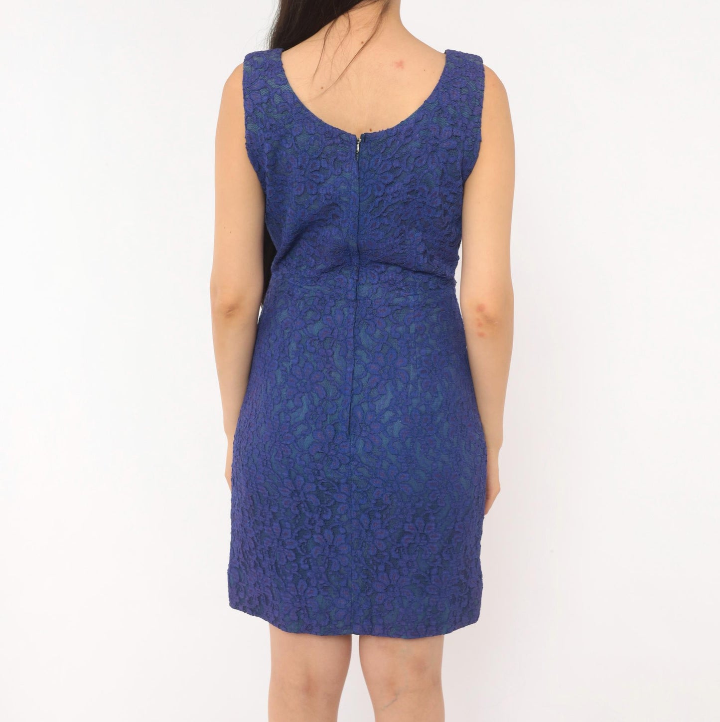 60s Cobalt Lace Sheath Dress Sleeveless Knee-Length Mod Floral Small