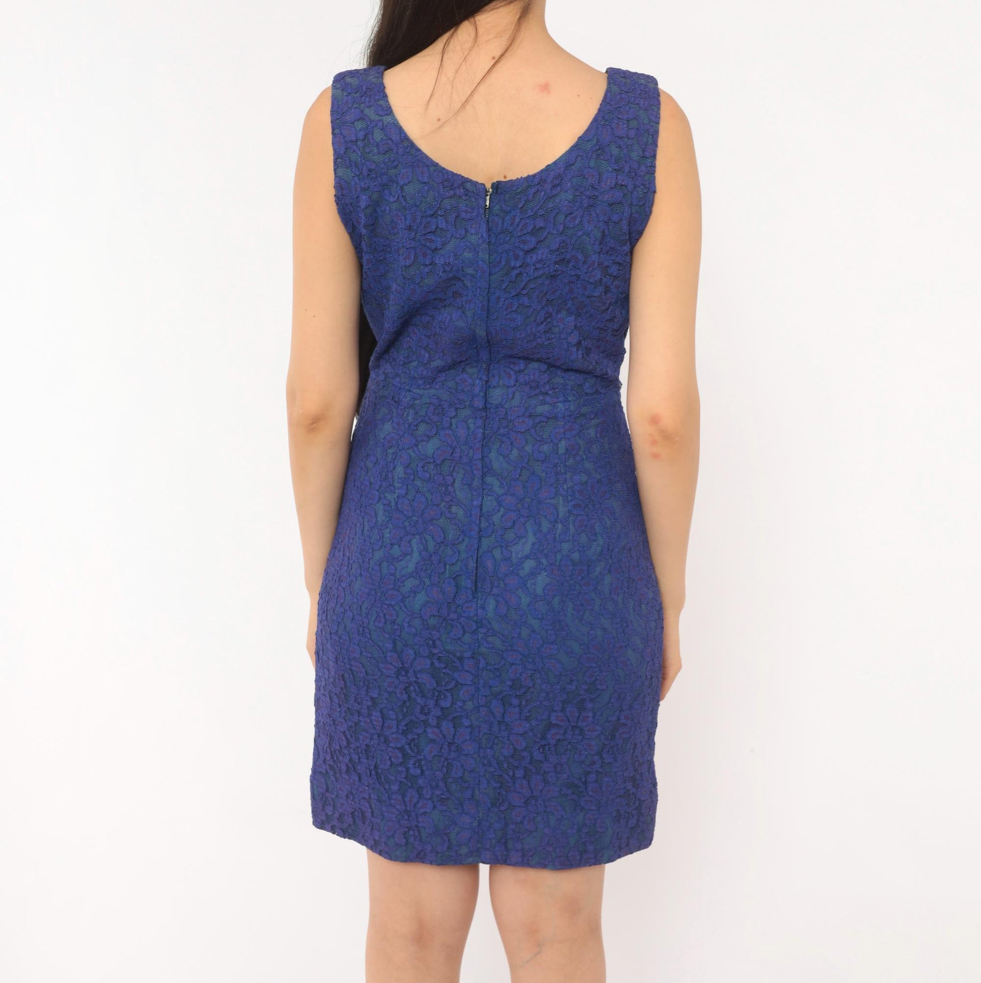 60s Cobalt Lace Sheath Dress Sleeveless Knee-Length Mod Floral Small