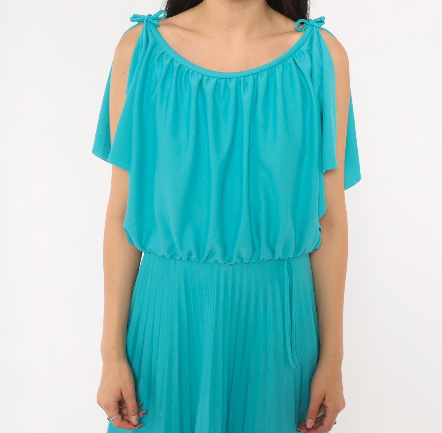 70s Turquoise Maxi Dress Cold Shoulder Flutter Sleeve Blouson Bodice Medium