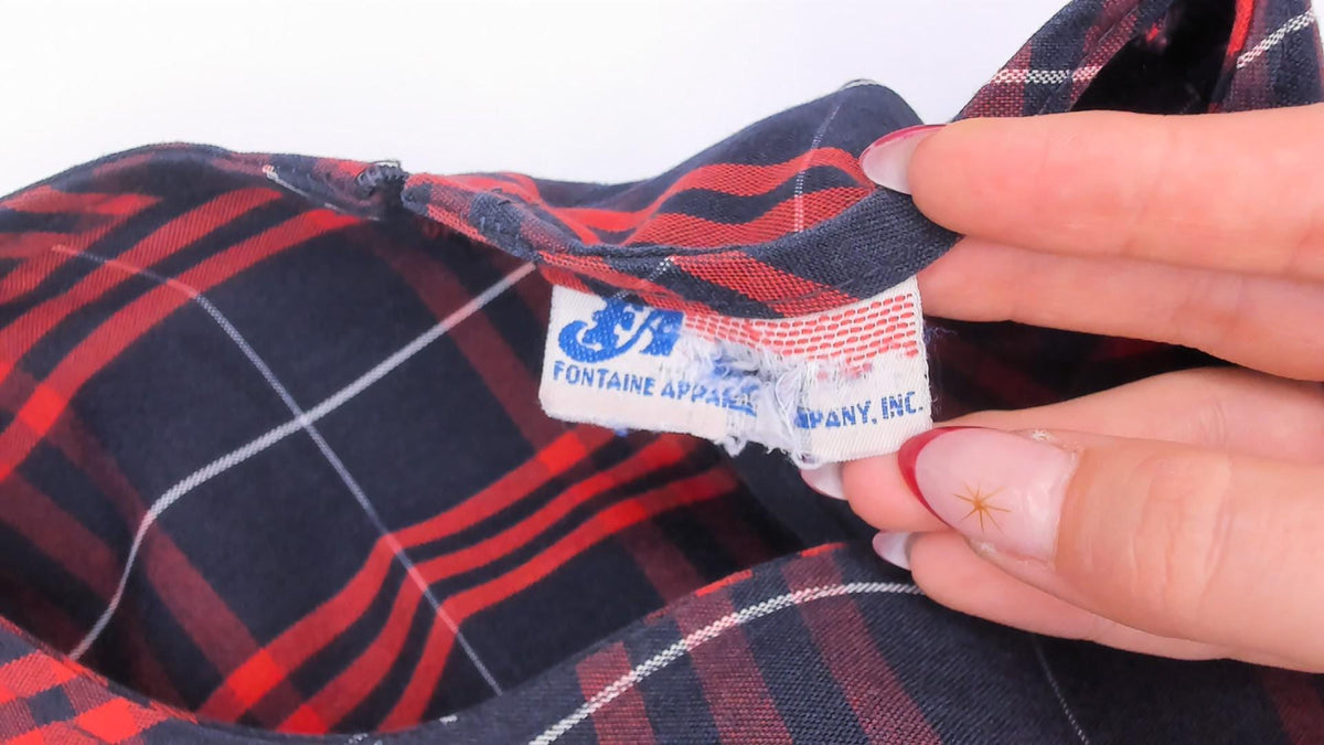 80s Fontaine Apparel Navy Red Tartan Plaid Drop Waist Dress Cotton Medium M