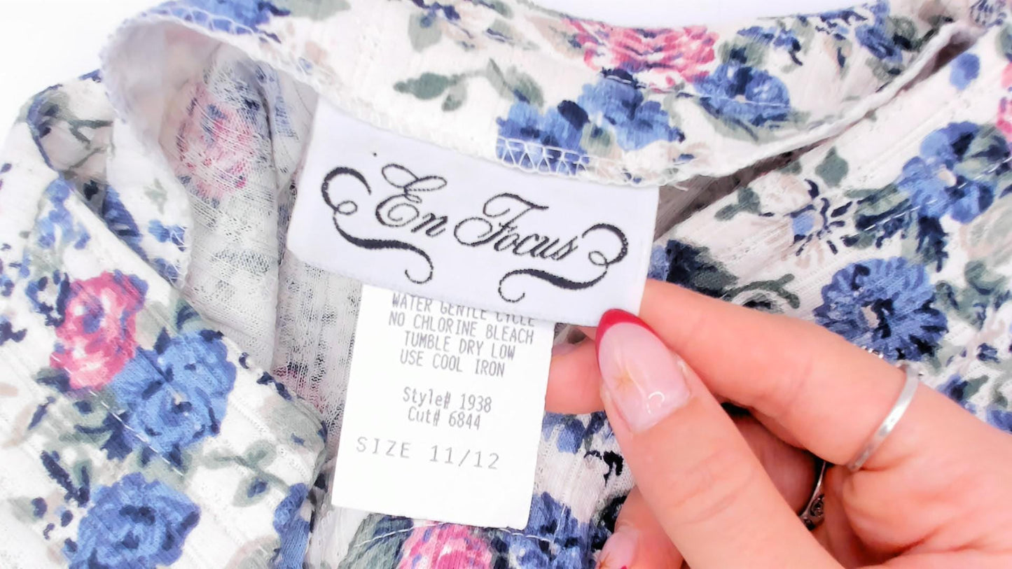 90s Floral Button Front Romper Square Neck Blue Pink Rose Ivory Medium M