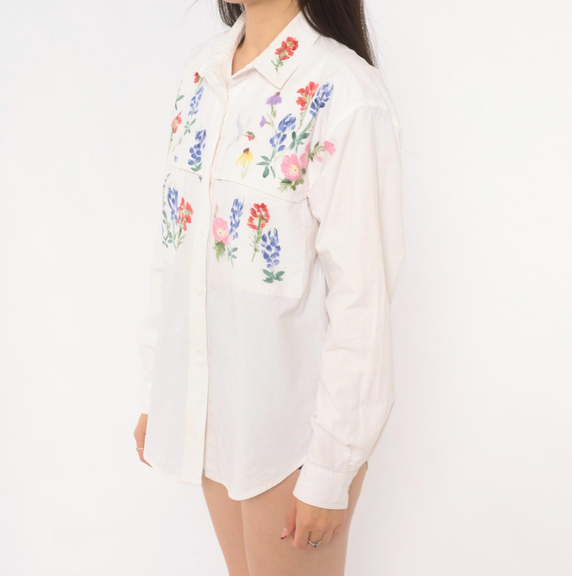 90s Ol' Paint Hand-Painted Wildflower Hummingbird White Cotton Button-Up Medium