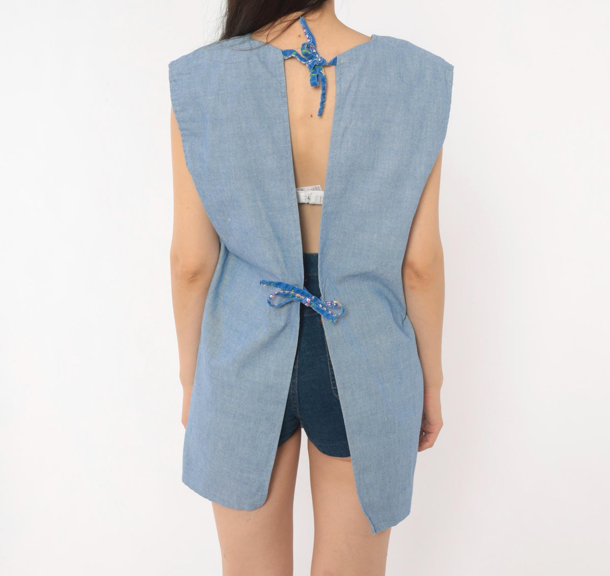 70s Light Blue Chambray Tunic Apron Dress Floral Print Open Back Small