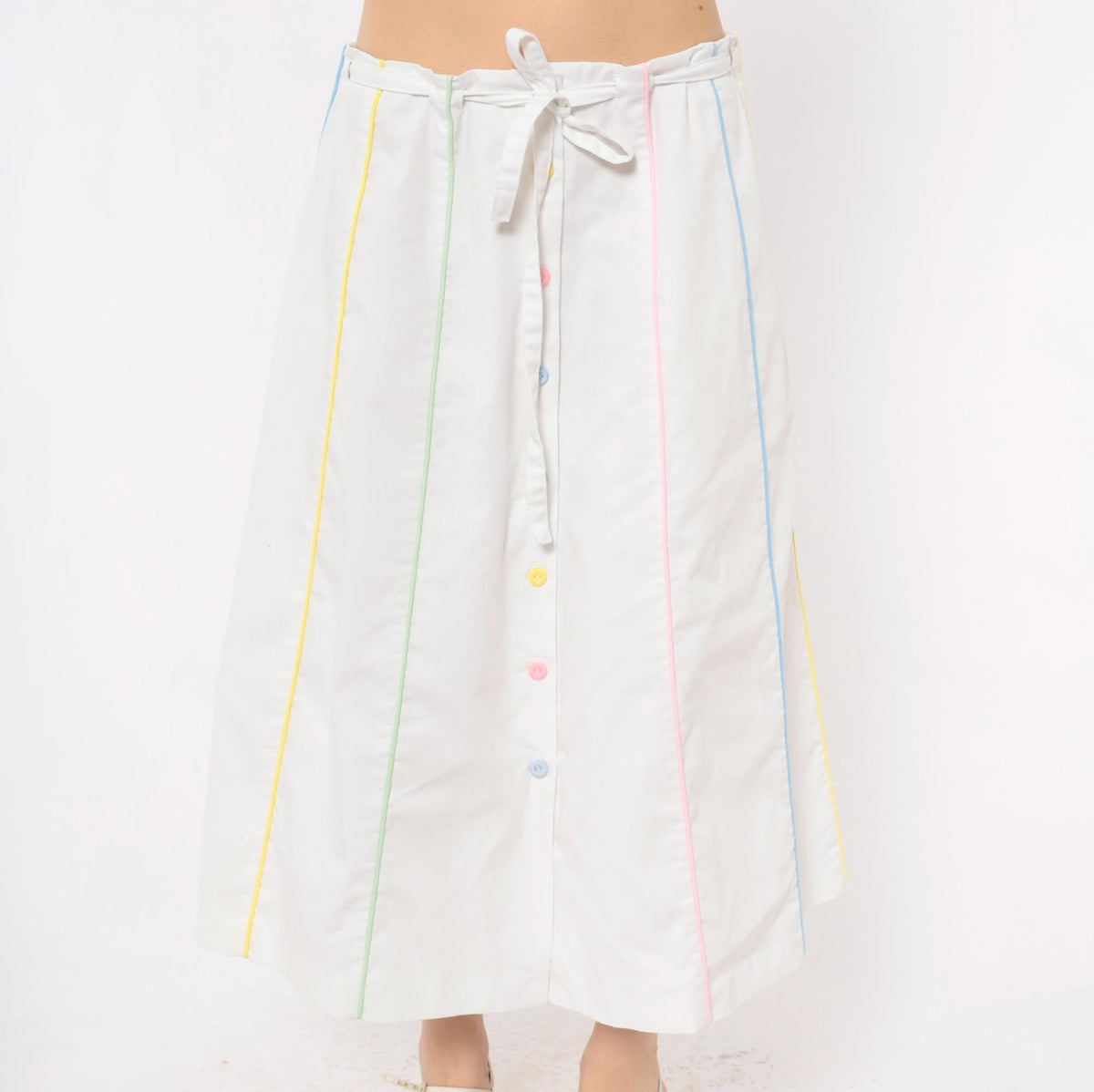 80s Sanibel White Cotton A-Line Midi Skirt Pastel Rainbow Button Front Medium