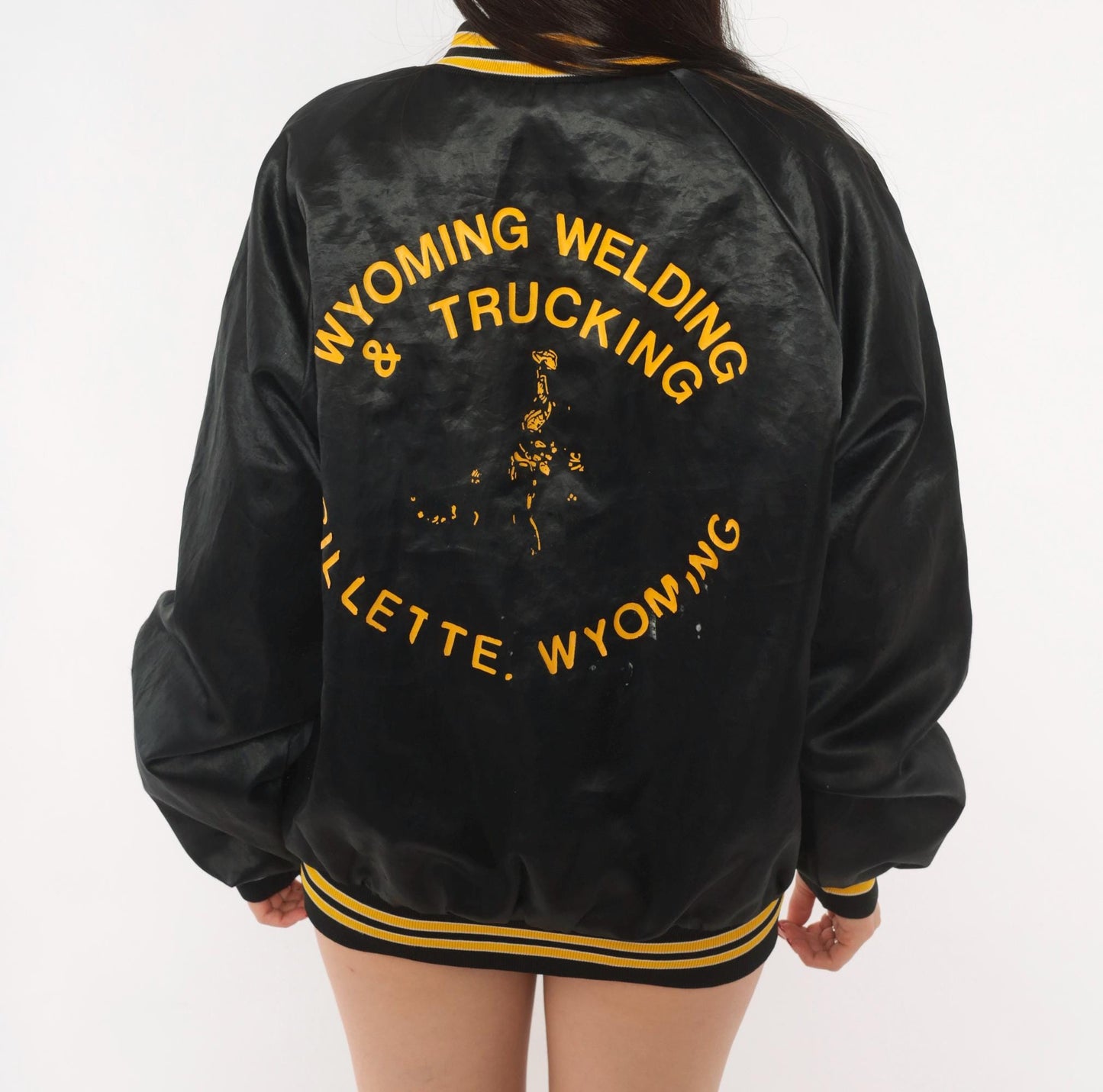 80s King Louie Pro Fit Wyoming Welding Satin Bomber Jacket Black Gold Large L