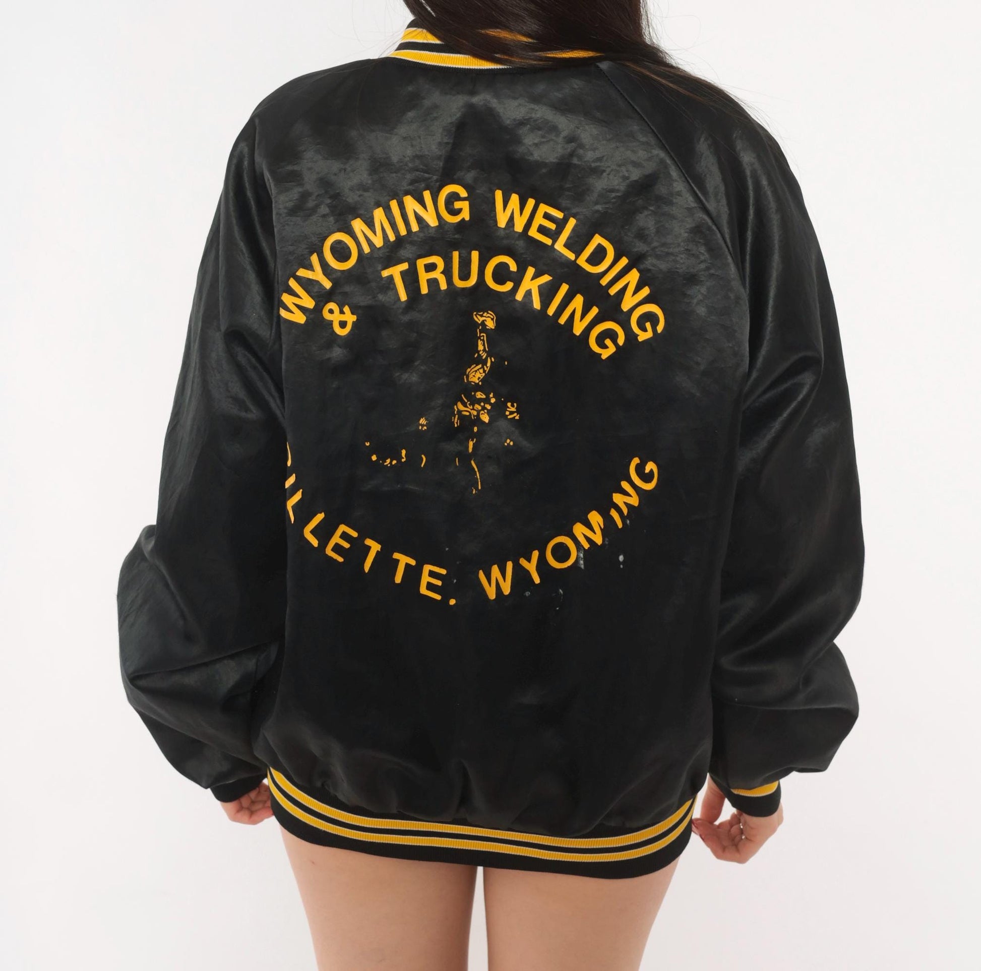 80s King Louie Pro Fit Wyoming Welding Satin Bomber Jacket Black Gold Large L