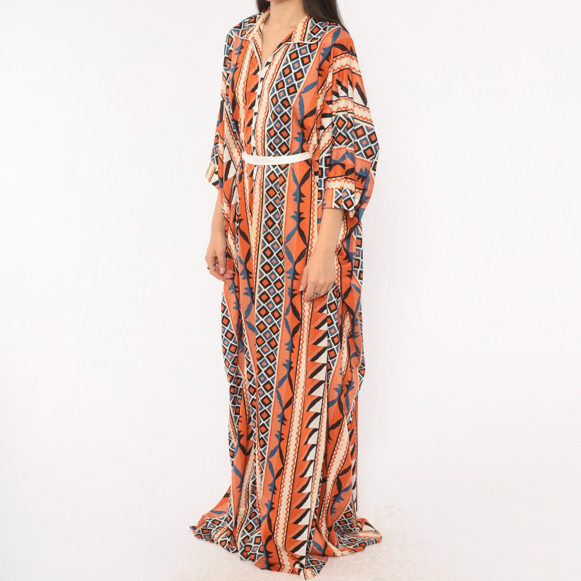70s Le Voys Aztec Caftan Maxi Dress Orange Cream Blue Geometric Tribal Stripe One Size