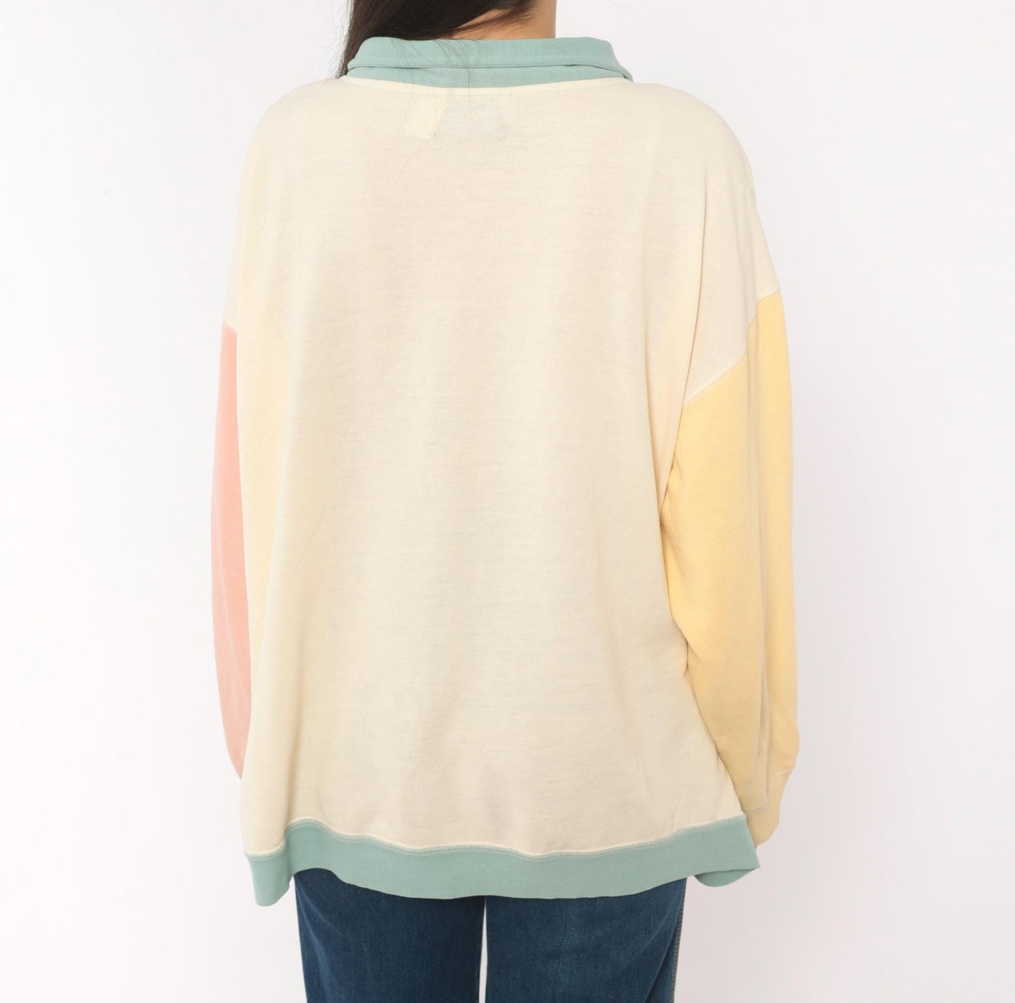 80s Ys Casuals Pastel Color Block Polo Sweatshirt Floral Embroidered Extra Large XL
