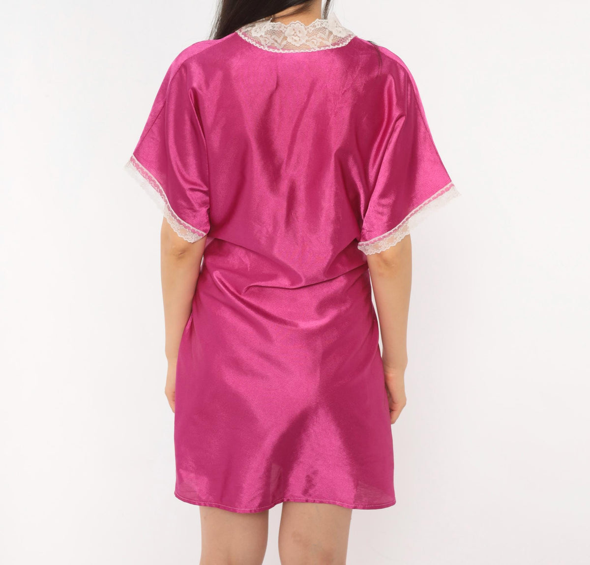 80s Fuchsia Satin Kimono Robe Lace Trim Tie Front Medium Large