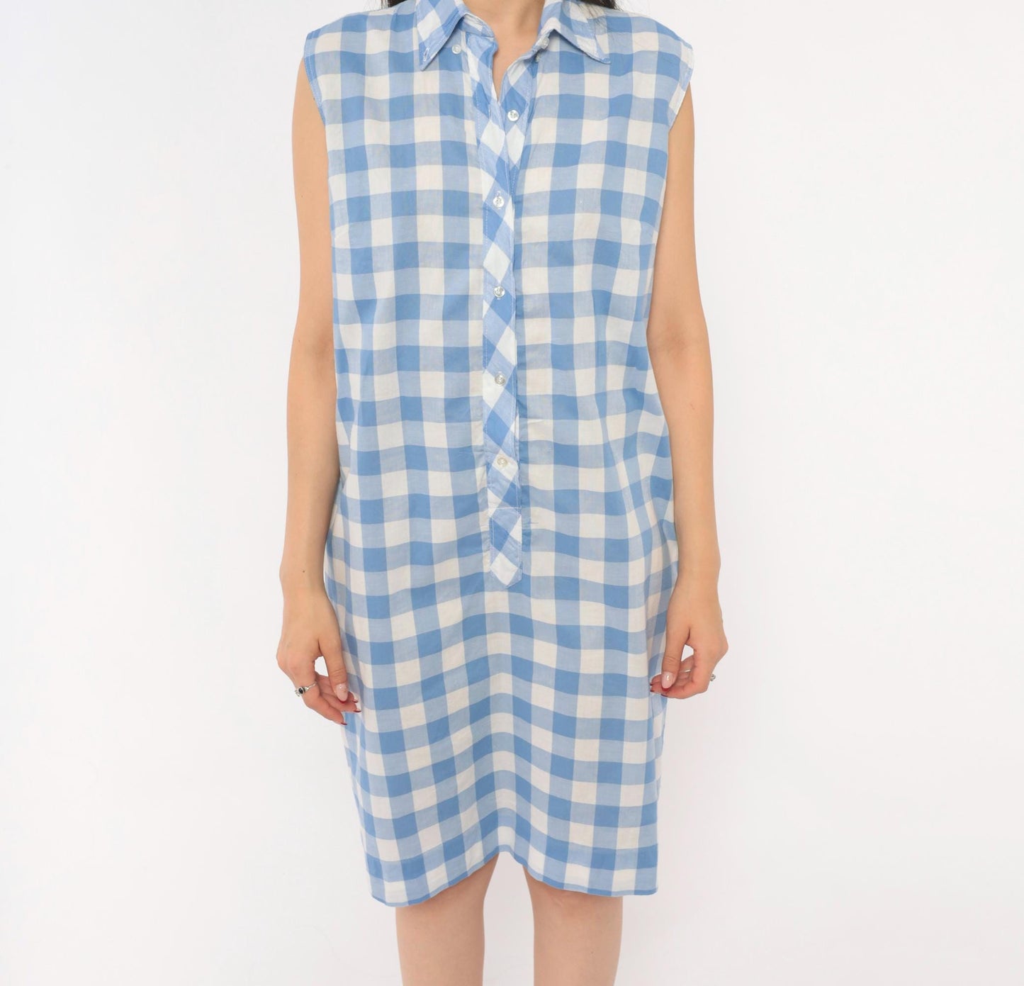 60s Laura Mae Life Gingham Shirt Dress Blue White Check Knee-Length Cotton Medium M
