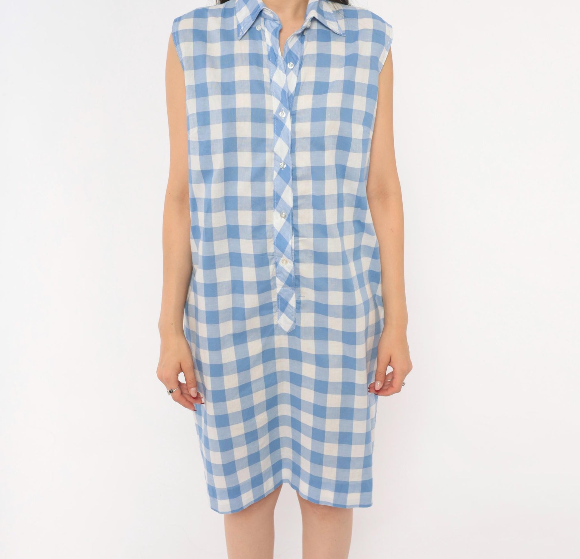 60s Laura Mae Life Gingham Shirt Dress Blue White Check Knee-Length Cotton Medium M