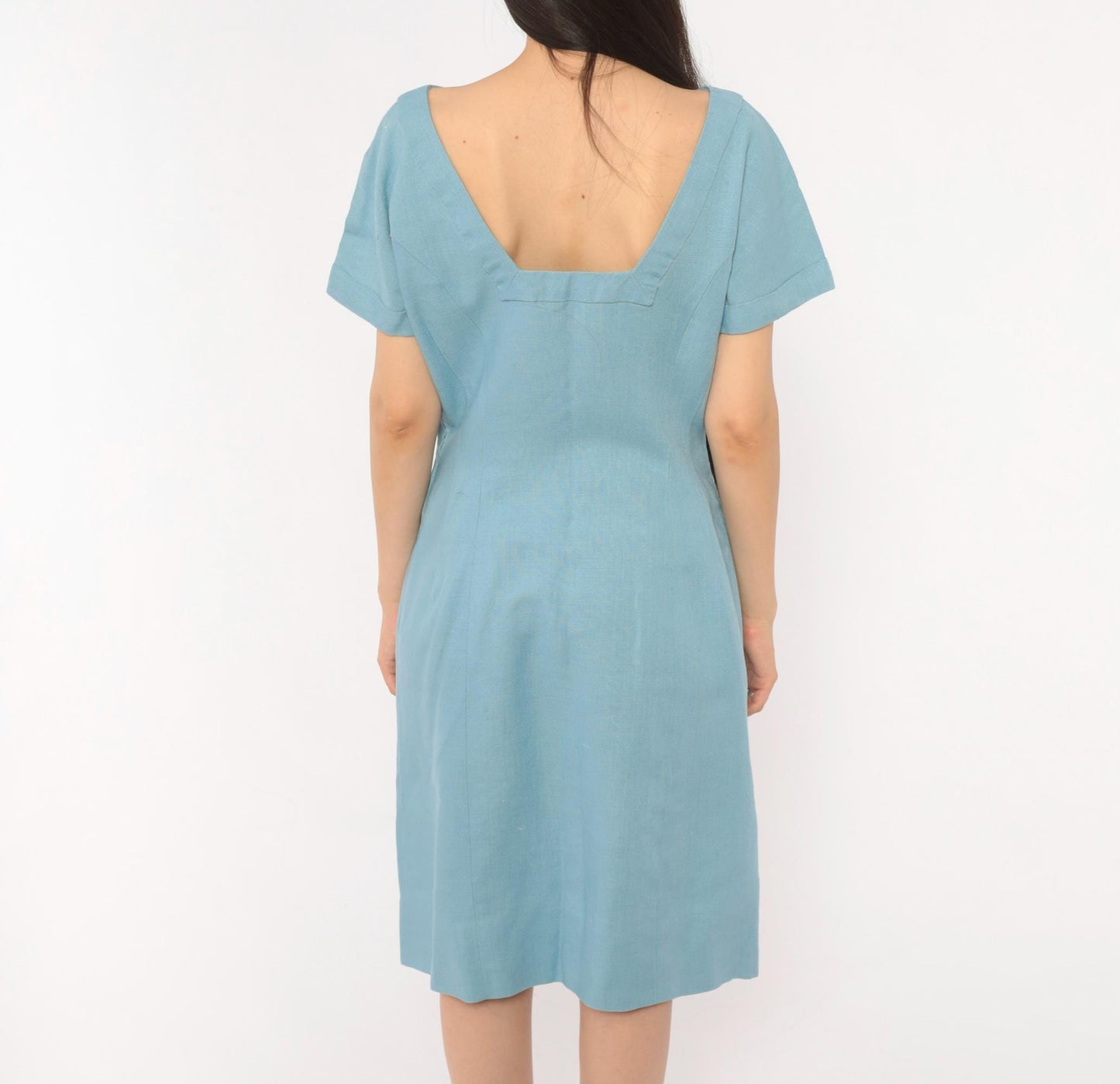 60s Mod Shift Dress Wool Boat Neck Blue Silver Brooch Large L