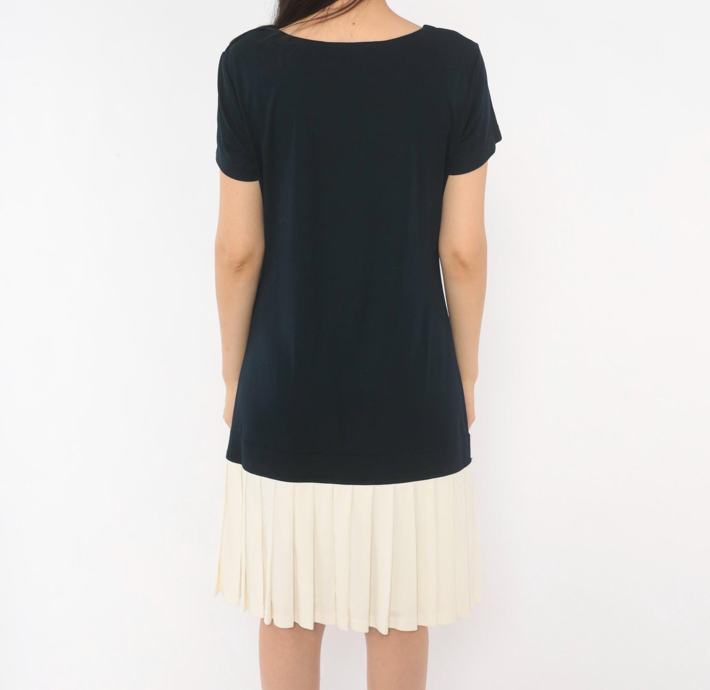 90s Robbie Bee Drop Waist Dress Navy Cream Pleated Colorblock Small