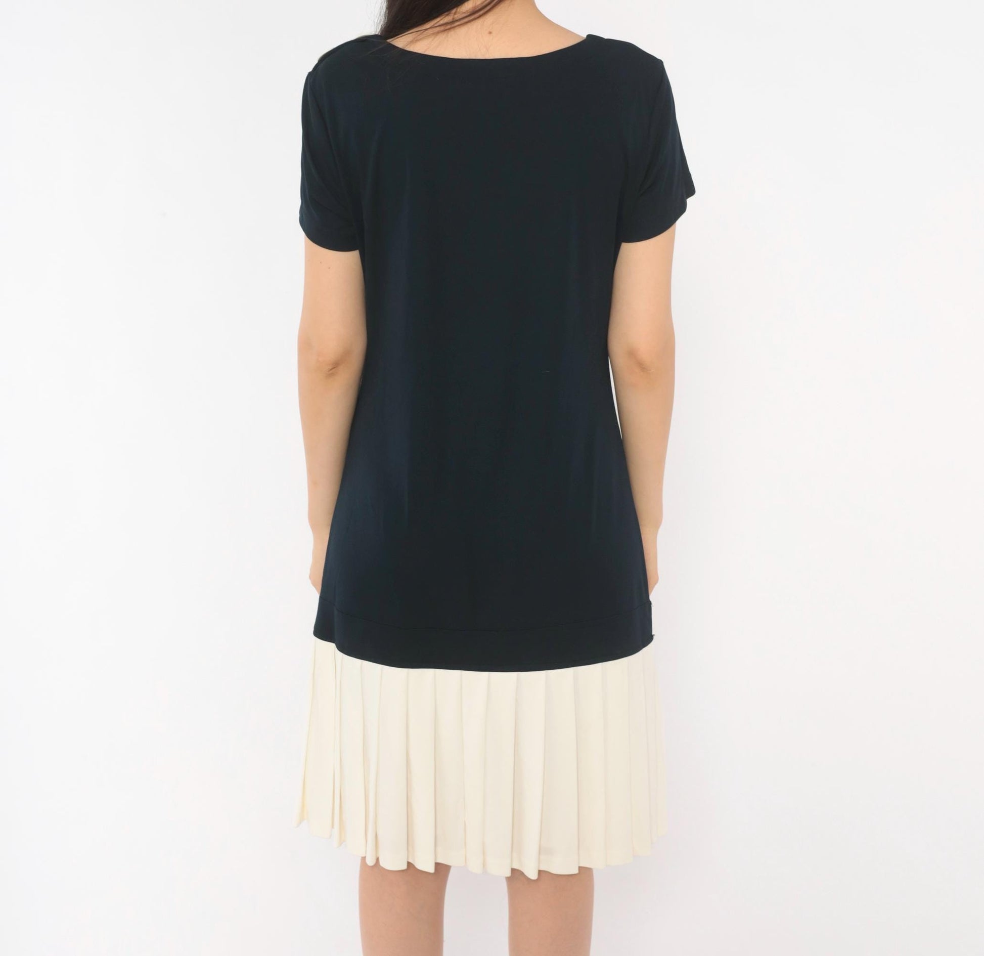 90s Robbie Bee Drop Waist Dress Navy Cream Pleated Colorblock Small