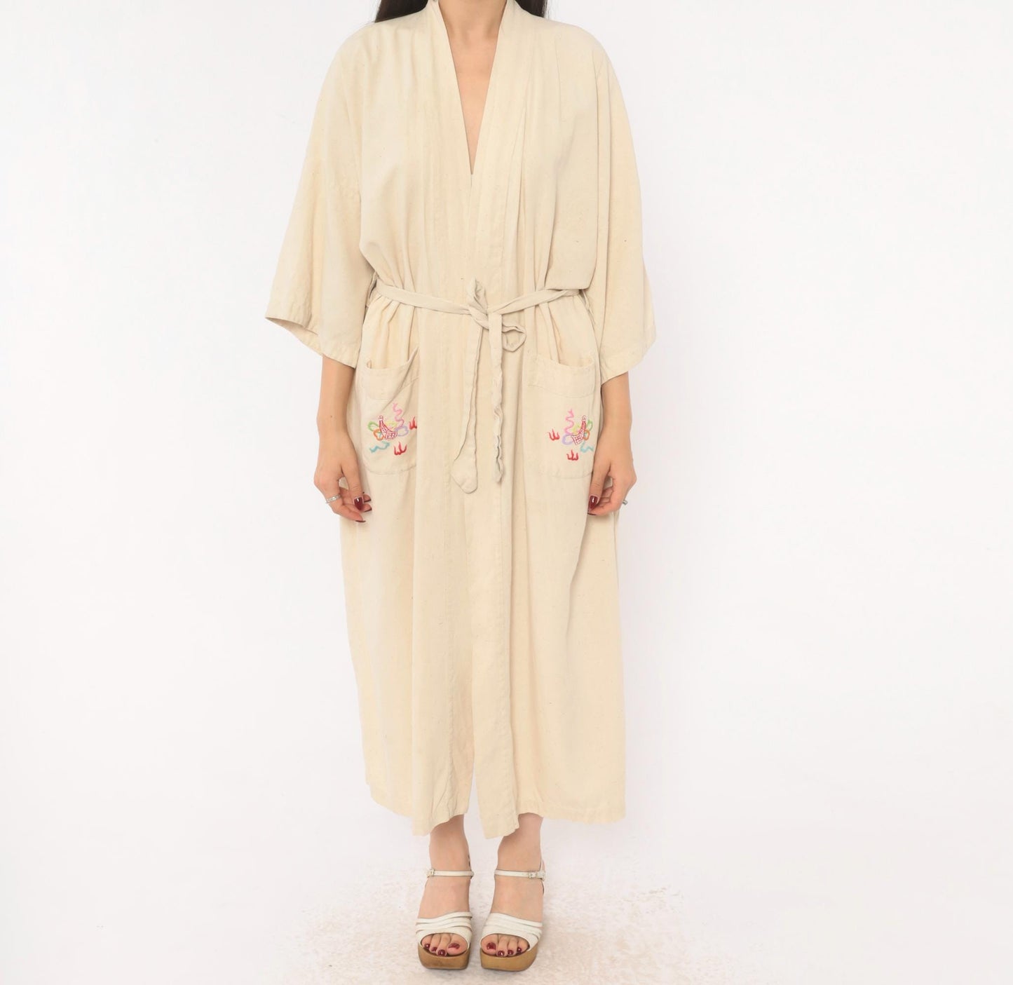 80s Health Silk Kimono Robe Dragon Embroidered Cream Midi Extra Large
