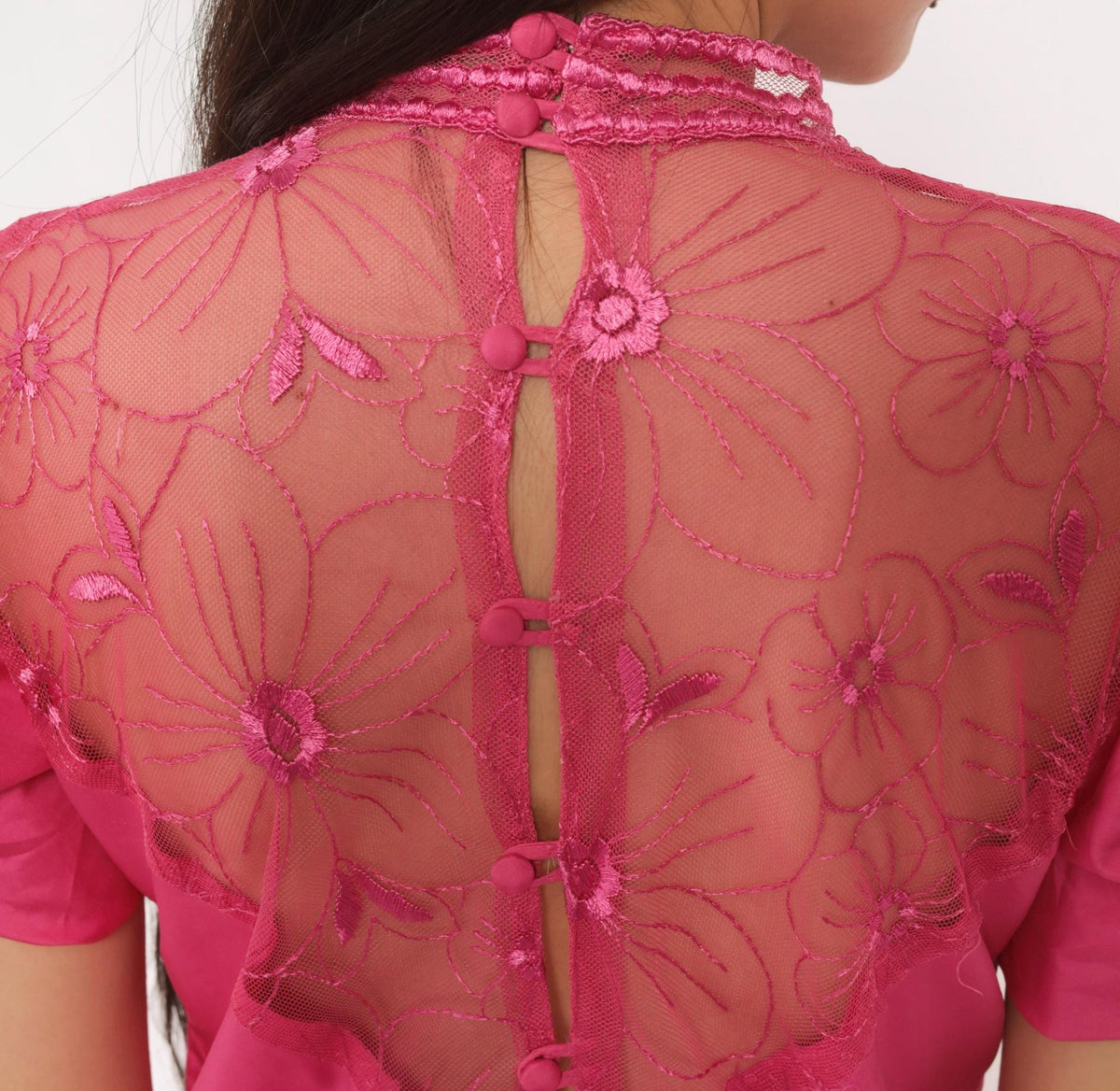 80s Eve Of Milady Hot Pink Maxi Gown Puff Sleeve Peplum Lace Bodice Small