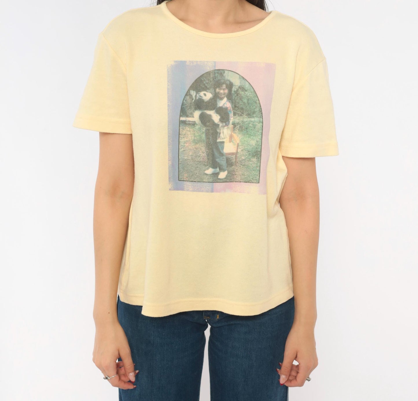 90s Basic Editions Panda Photo Print Tee Butter Yellow Heart Graphic Small