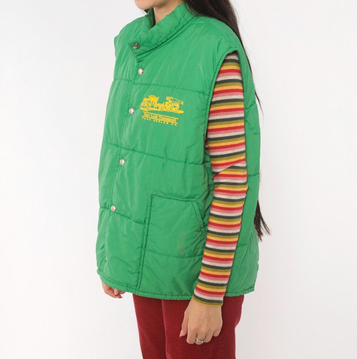 80s Green Puffer Vest San Luis Transport Graphic Snap Front Quilted Medium