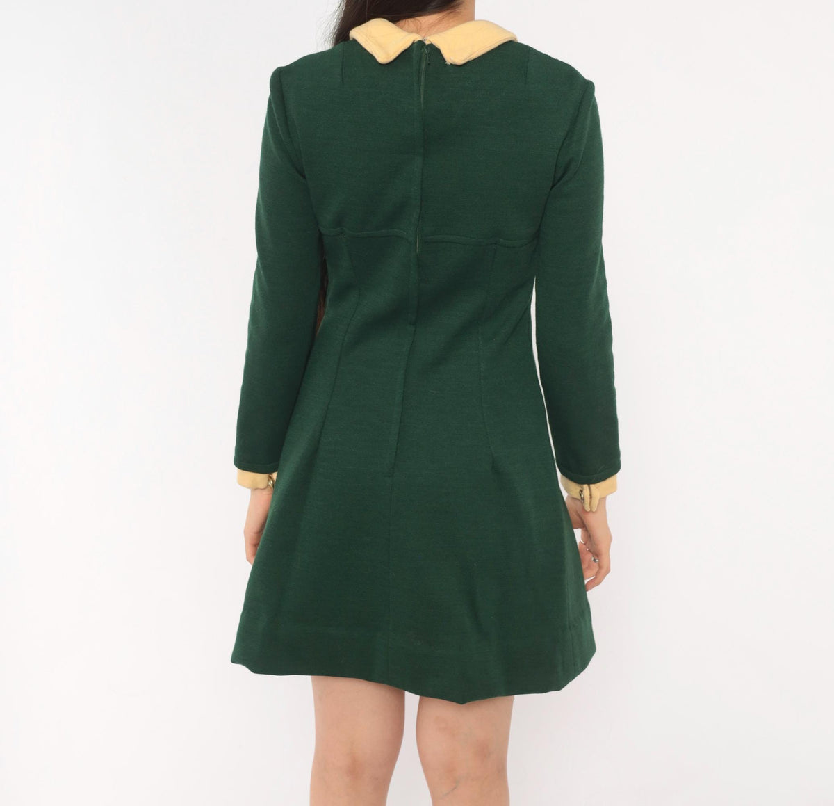 1960s Mod Mini Dress Olive Wool Pointed Collar Cream Long Sleeve Small