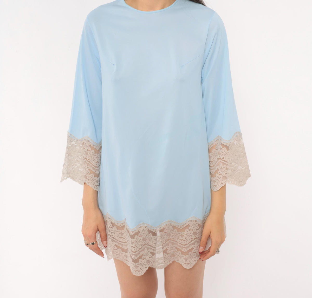 70s Sky Blue Lace Trim Mini Slip Dress Scalloped Bell Sleeve Keyhole Back XS