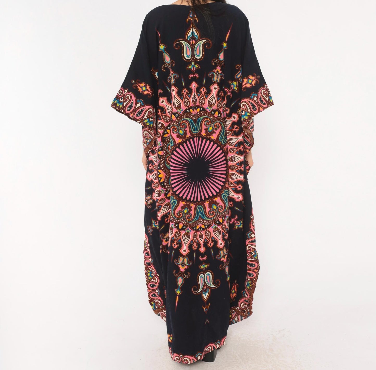 2000s Black Mandala Kaftan Paisley Print Pink V-Neck Bat Wing Maxi Dress One Size