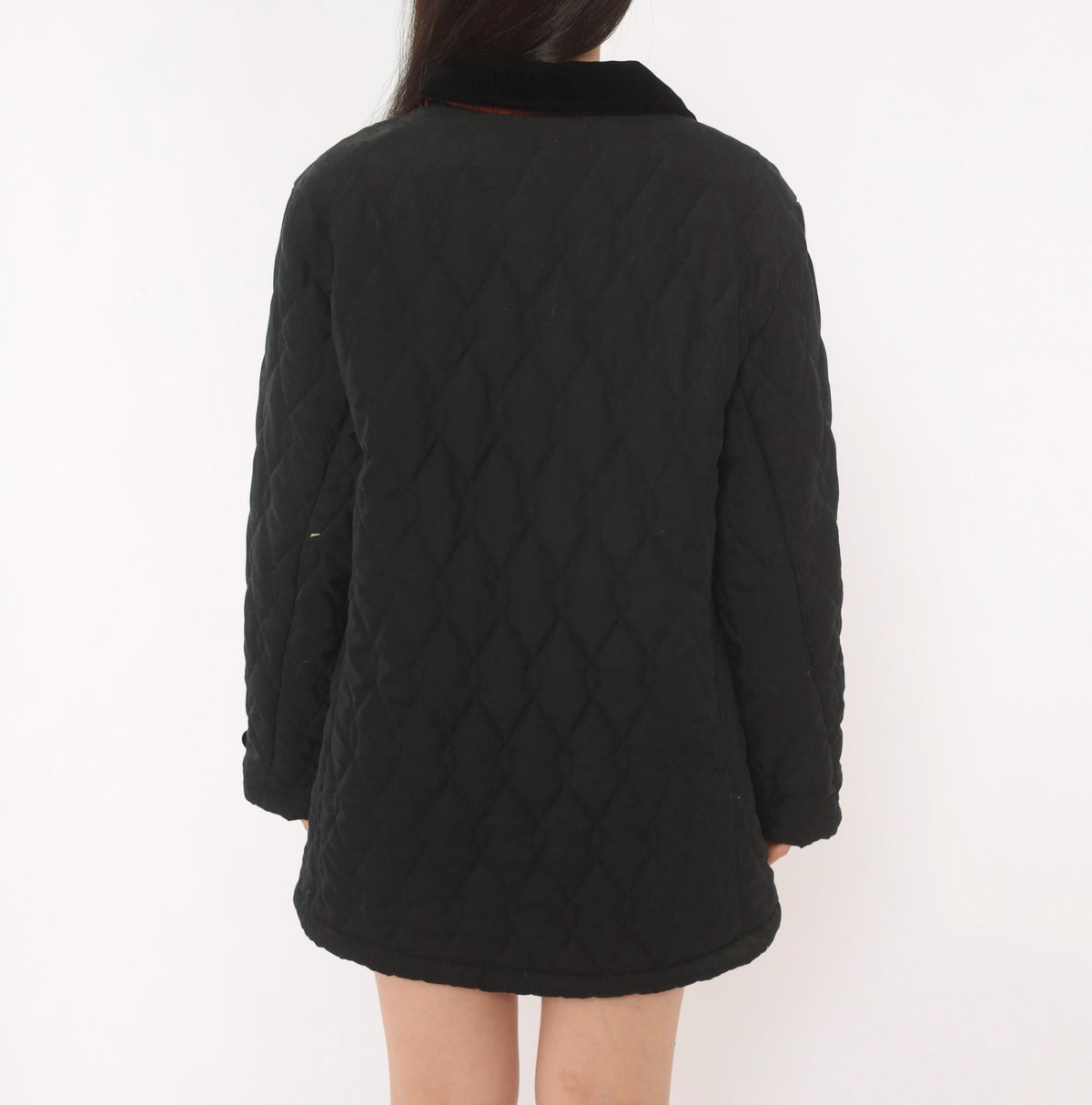 90s Halston Sport Black Quilted Jacket Diamond Stitch Velvet Collar Medium M