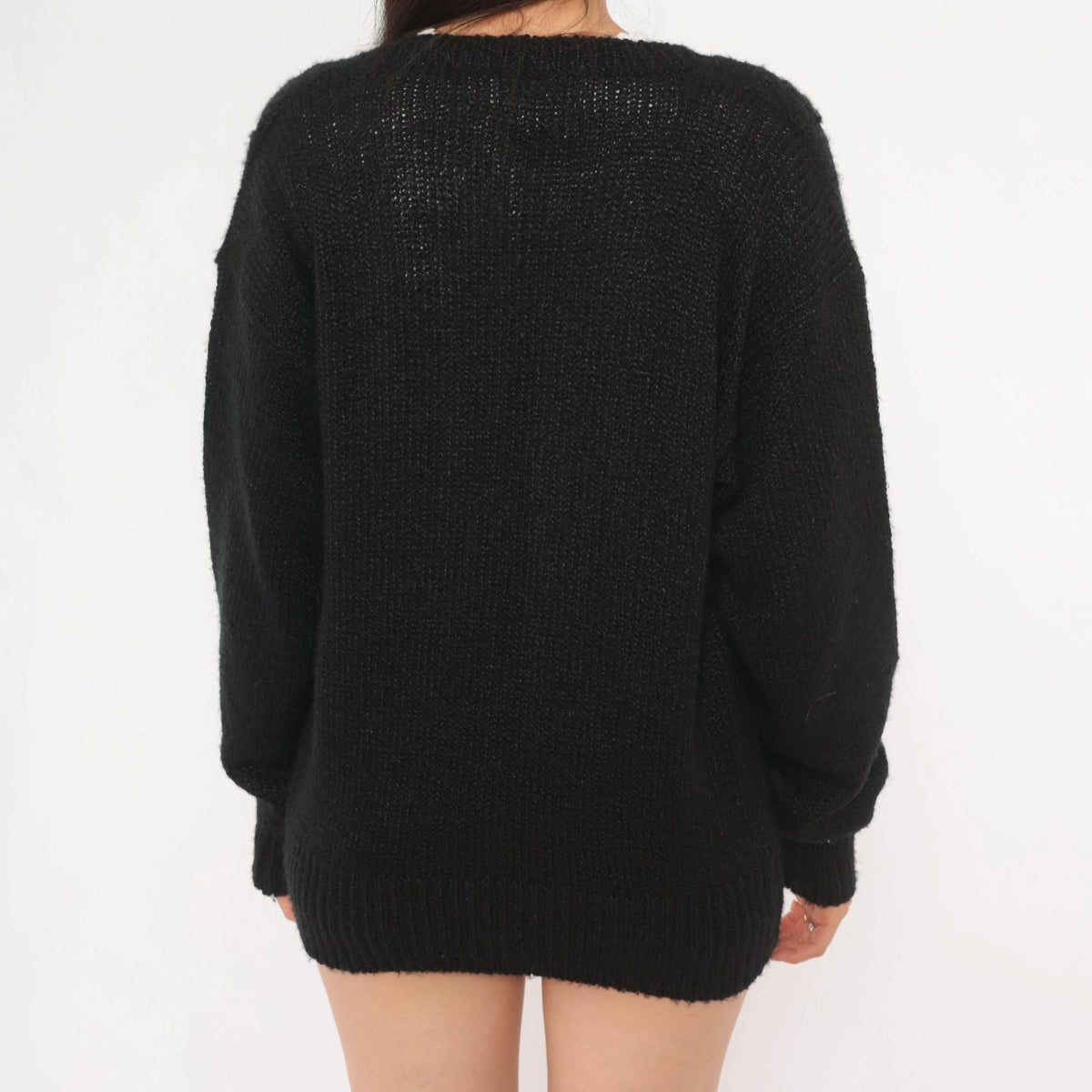 80s Black Double Breasted Cardigan Knit Sweater V Neck Medium M