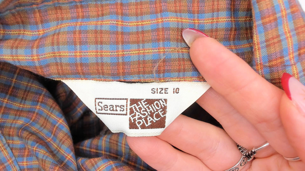 70s Western Plaid Shirt Pearl Snap Brown Blue Check Cotton Yoke Medium M