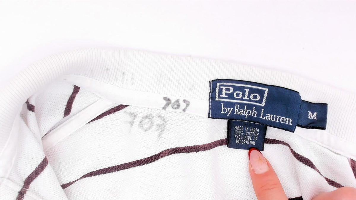 90s Polo Ralph Lauren Striped Cropped Polo Shirt White Brown Cotton Medium