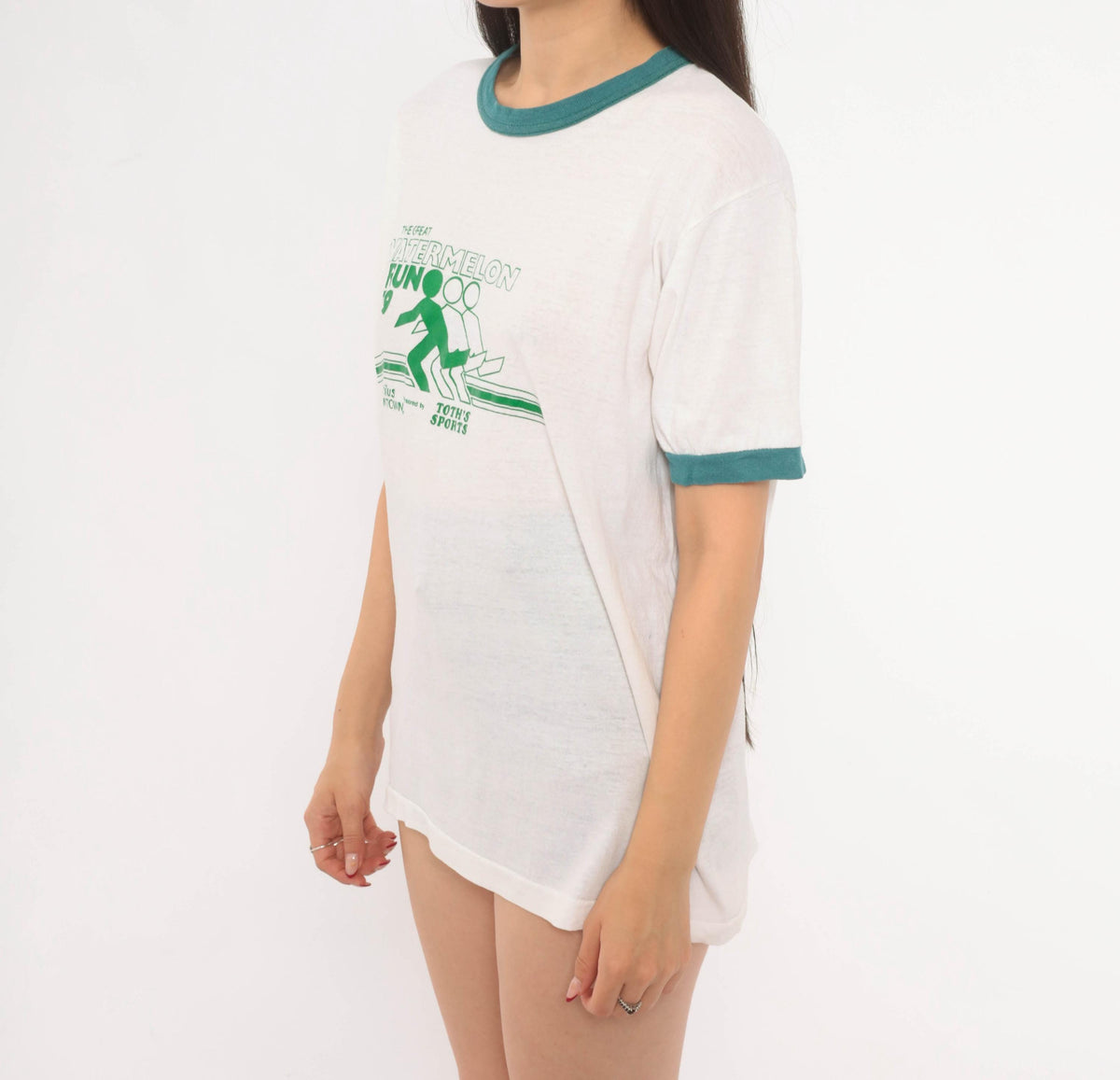70s Watermelon Run Ringer Tee White Green Graphic Race Event Large L