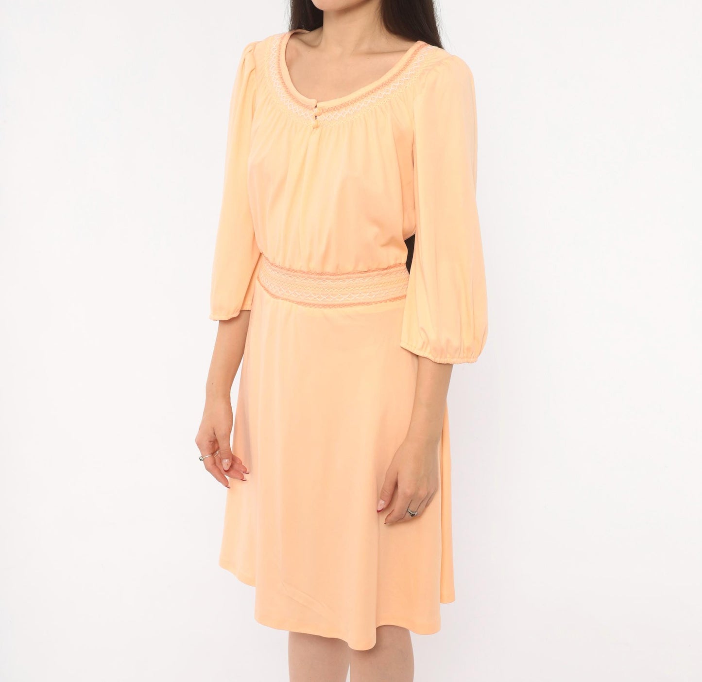70s Peach Peasant Dress Puff Sleeve Smocked Embroidery Knee Length Large L